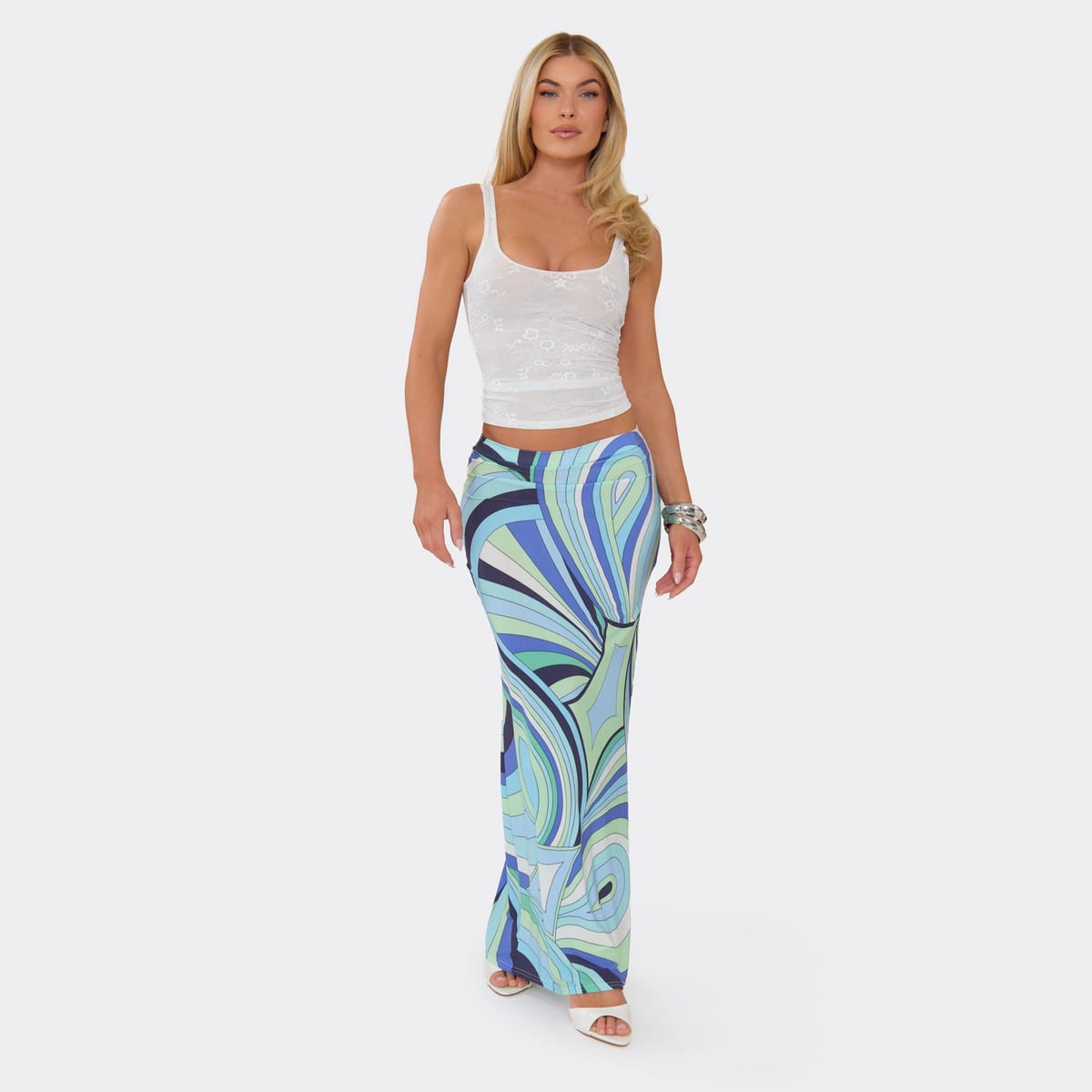 EGO Mid Rise Maxi Skirt In Blue Abstract Print, Women's Size UK 6 - 1
