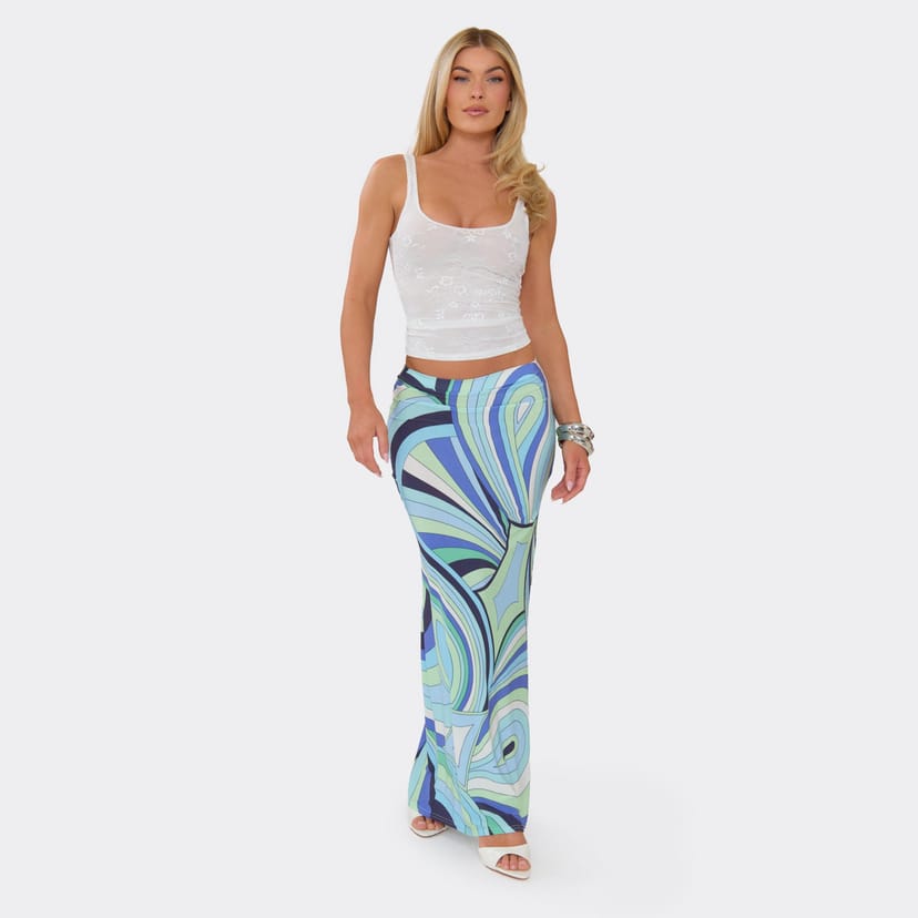EGO Mid Rise Maxi Skirt In Blue Abstract Print, Women's Size UK 6 - 1