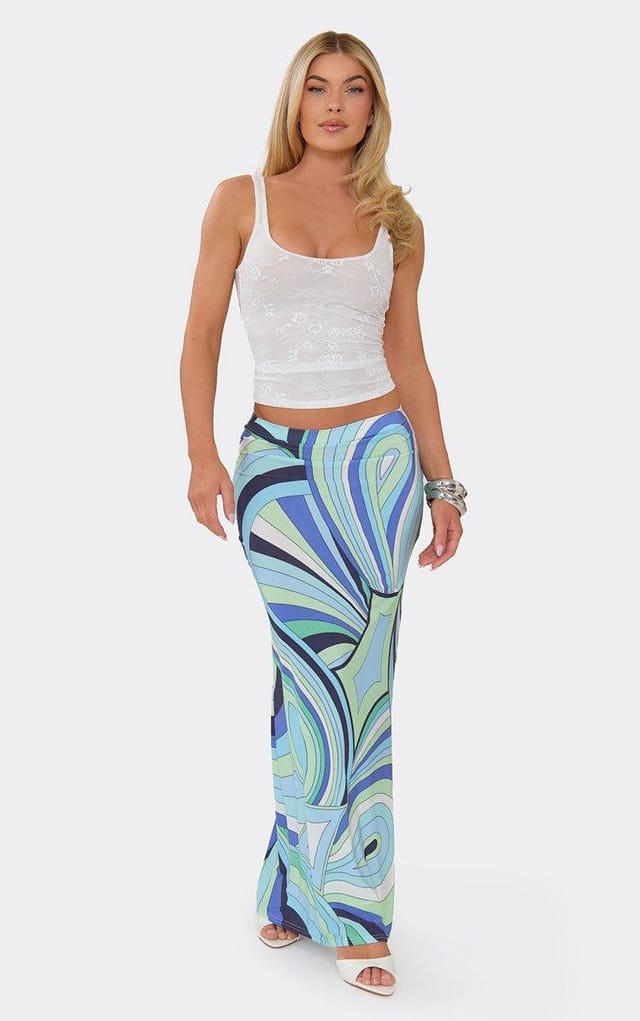 EGO Mid Rise Maxi Skirt In Blue Abstract Print, Women's Size UK 6 - 2