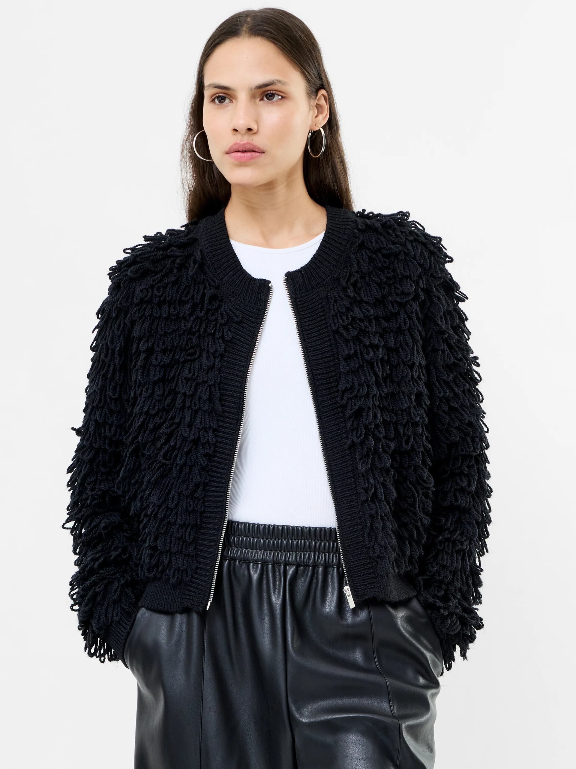 French Connection Mali Looped Fringe Knit Jacket Black
