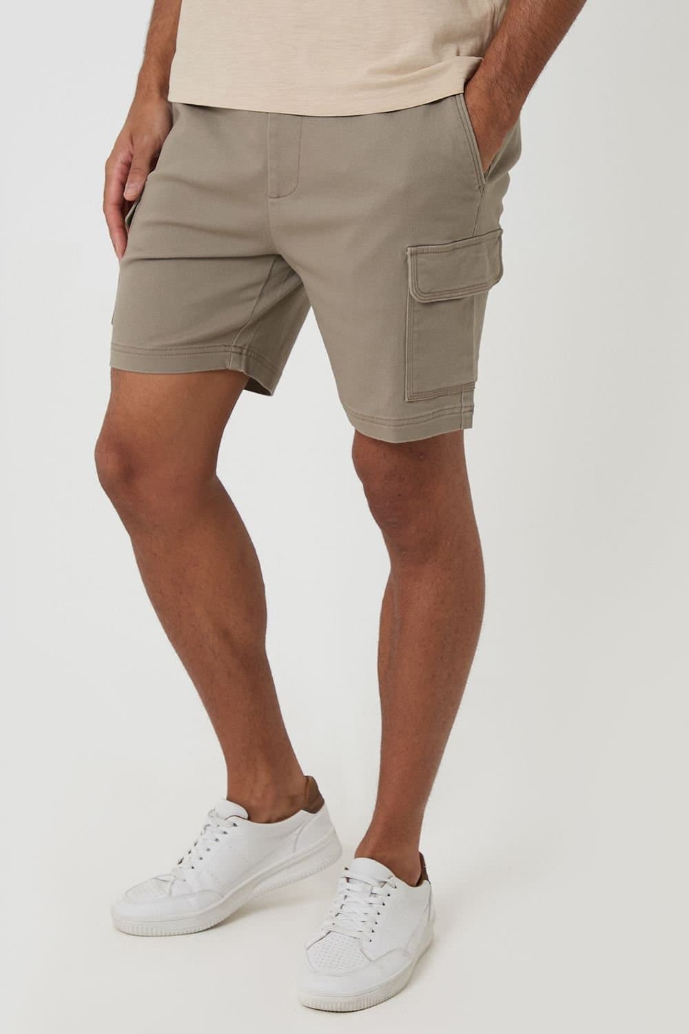 Threadbare Threadbare Men's Shorter Length Stretch Cargo Shorts in Taupe
