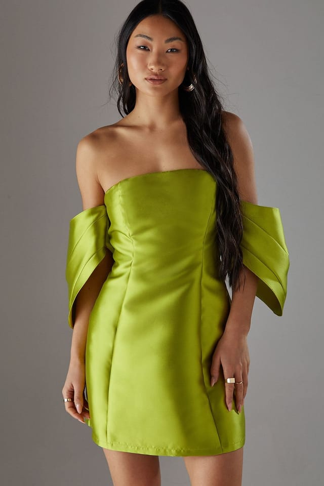 Warehouse Warehouse Women's Petite Structured Puff Sleeve Bardot Mini Dress in Chartreuse - 2