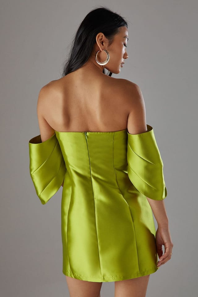 Warehouse Warehouse Women's Petite Structured Puff Sleeve Bardot Mini Dress in Chartreuse - 3