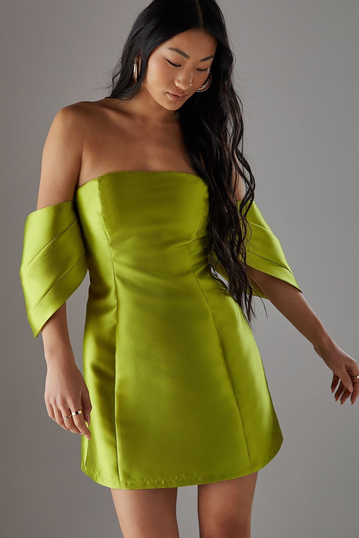 Warehouse Warehouse Women's Petite Structured Puff Sleeve Bardot Mini Dress in Chartreuse - 4