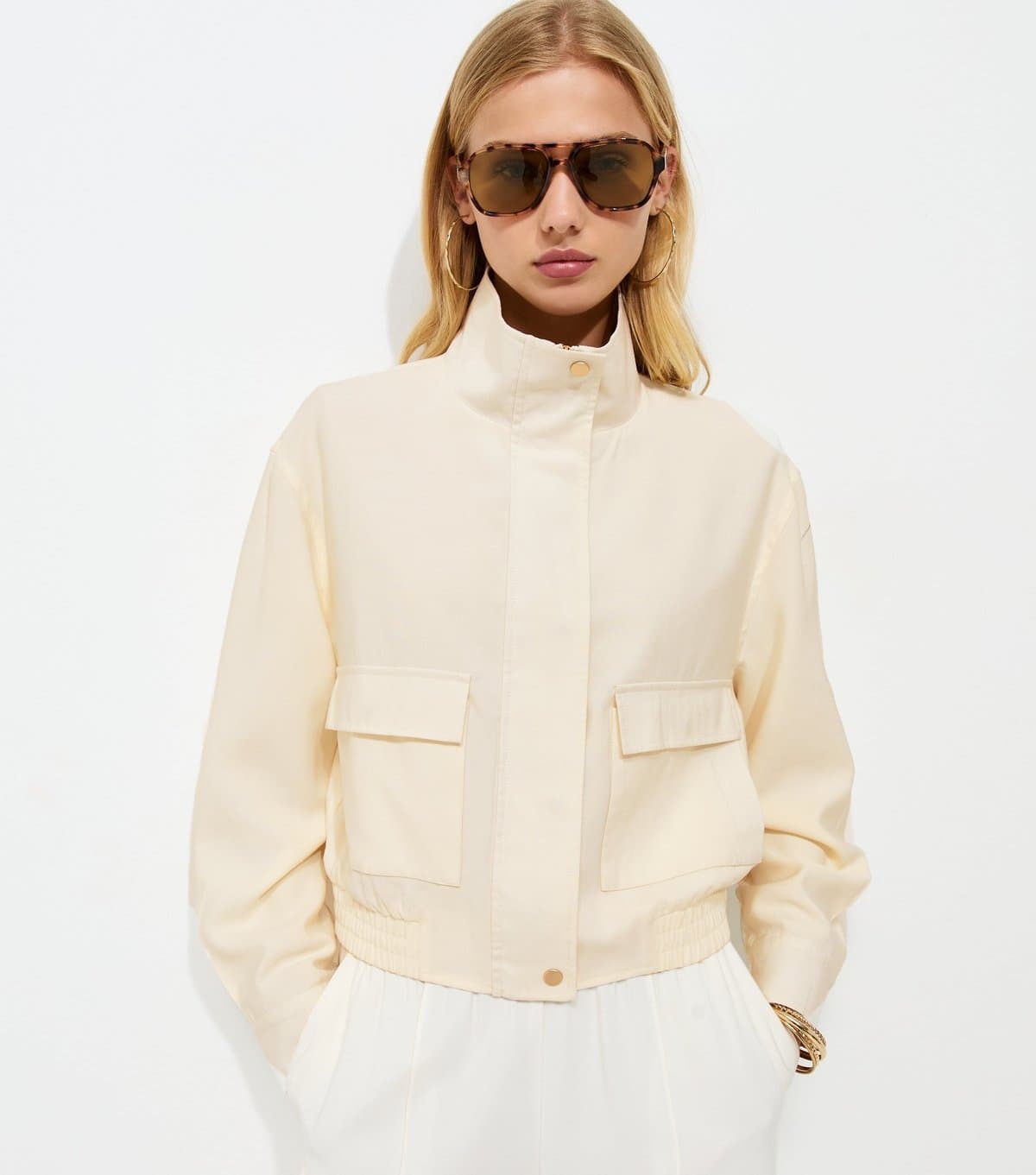 New Look Women's Cream High Neck Zip Up Utility Bomber Jacket New Look