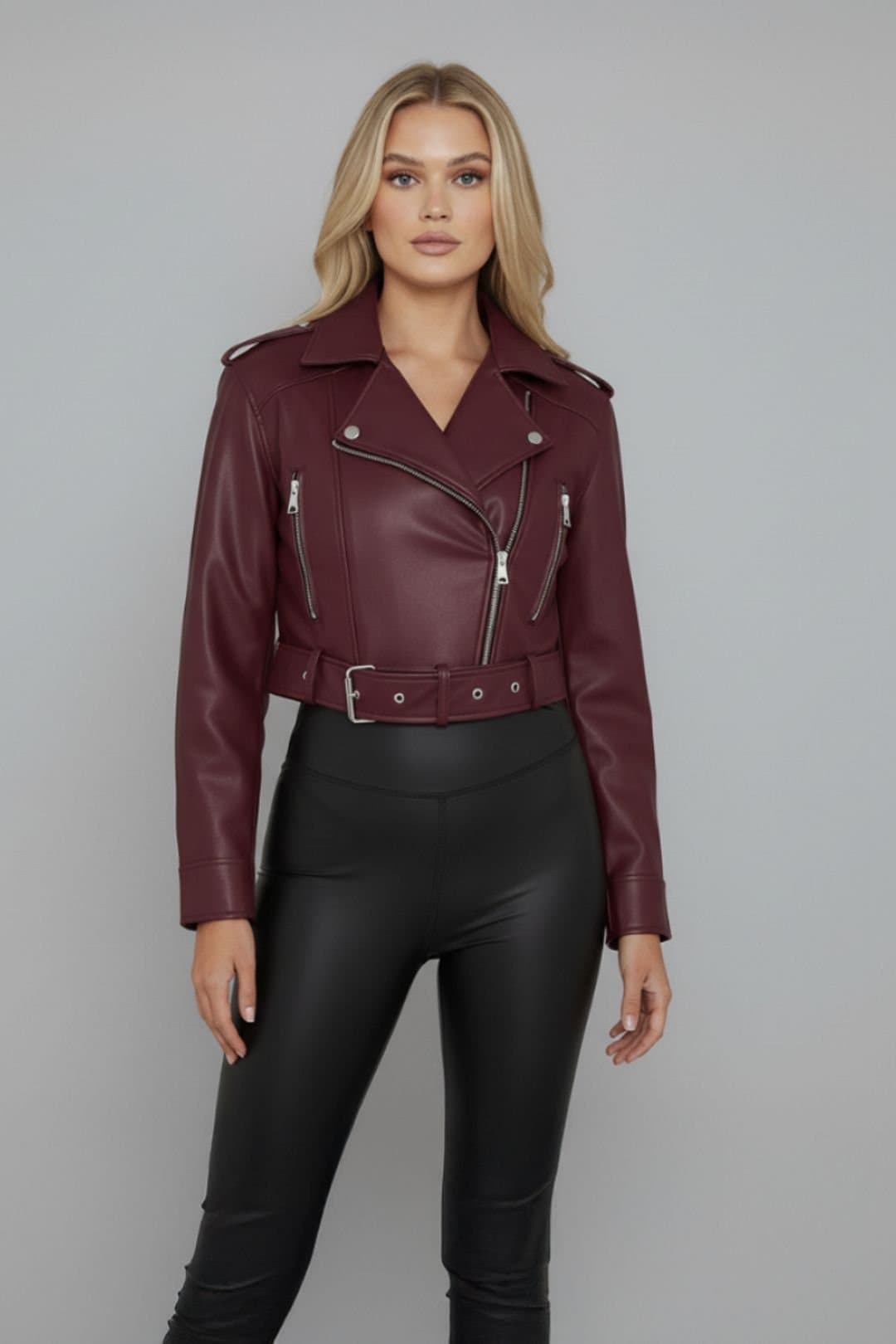 STYLEWISE STYLEWISE Women's Faux Leather Belted - Cropped Fit - Biker Jacket in Wine