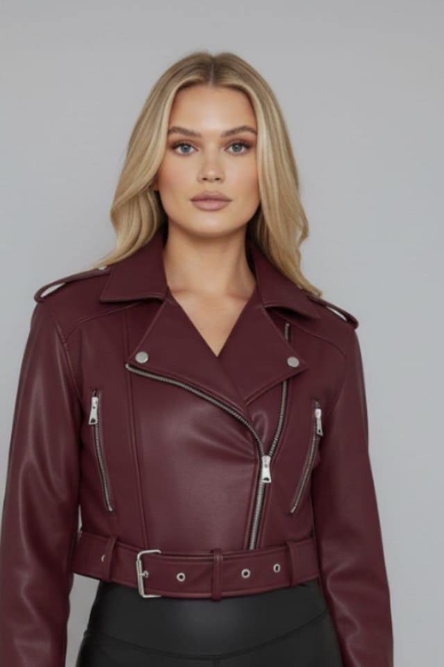 STYLEWISE STYLEWISE Women's Faux Leather Belted - Cropped Fit - Biker Jacket in Wine - 2