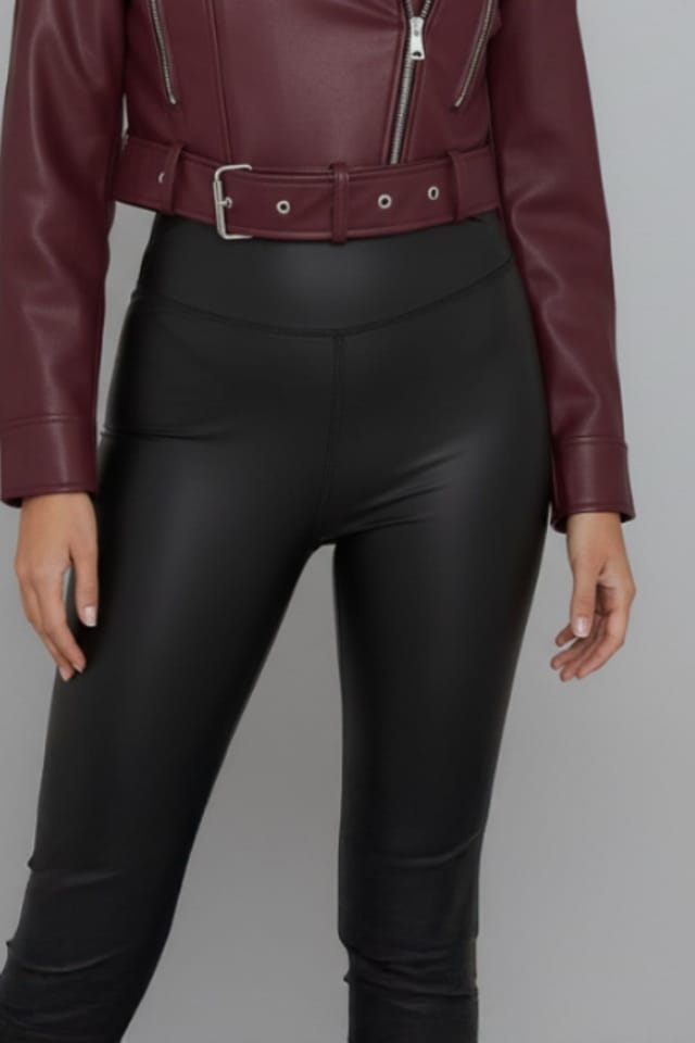 STYLEWISE STYLEWISE Women's Faux Leather Belted - Cropped Fit - Biker Jacket in Wine - 3
