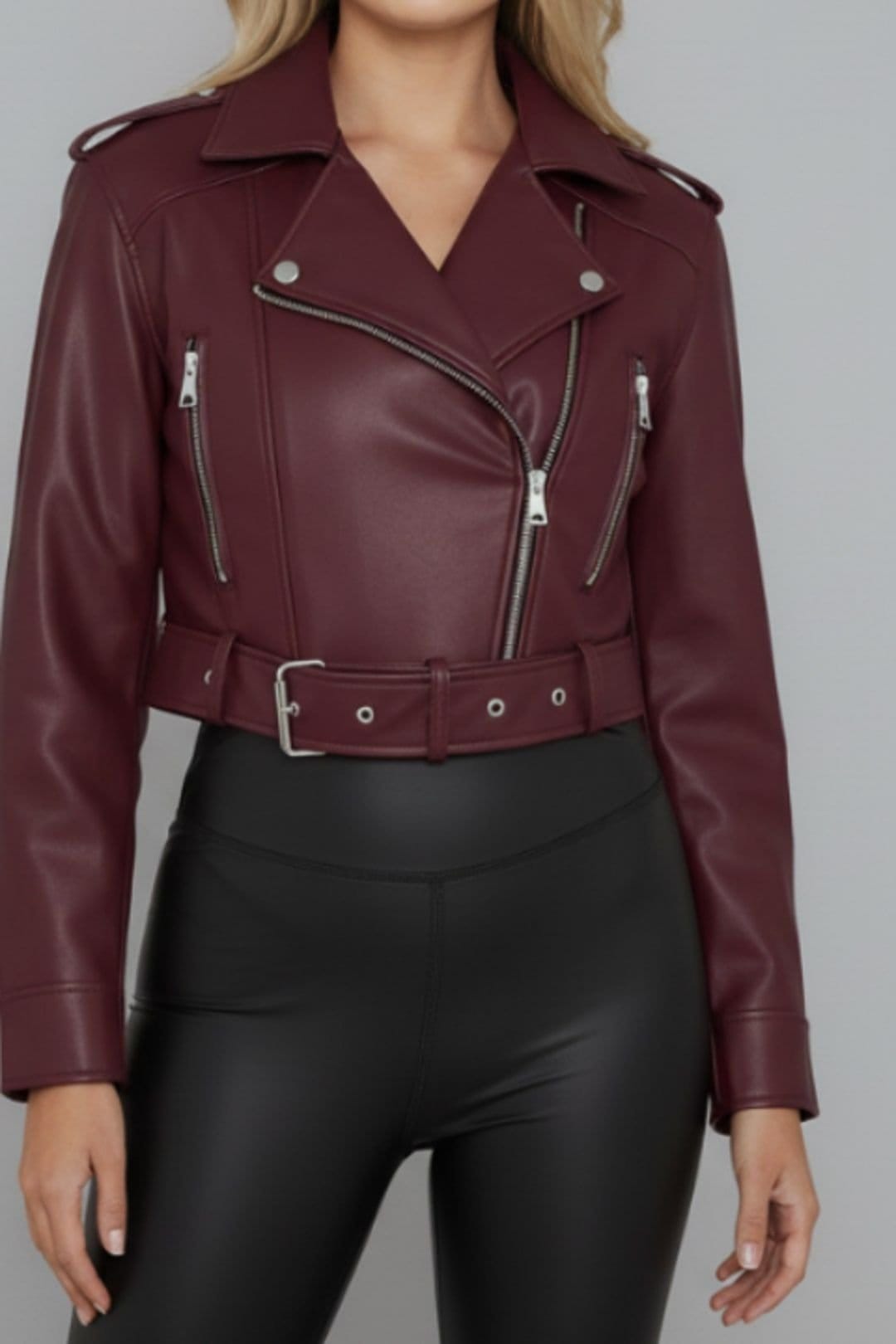STYLEWISE STYLEWISE Women's Faux Leather Belted - Cropped Fit - Biker Jacket in Wine - 4