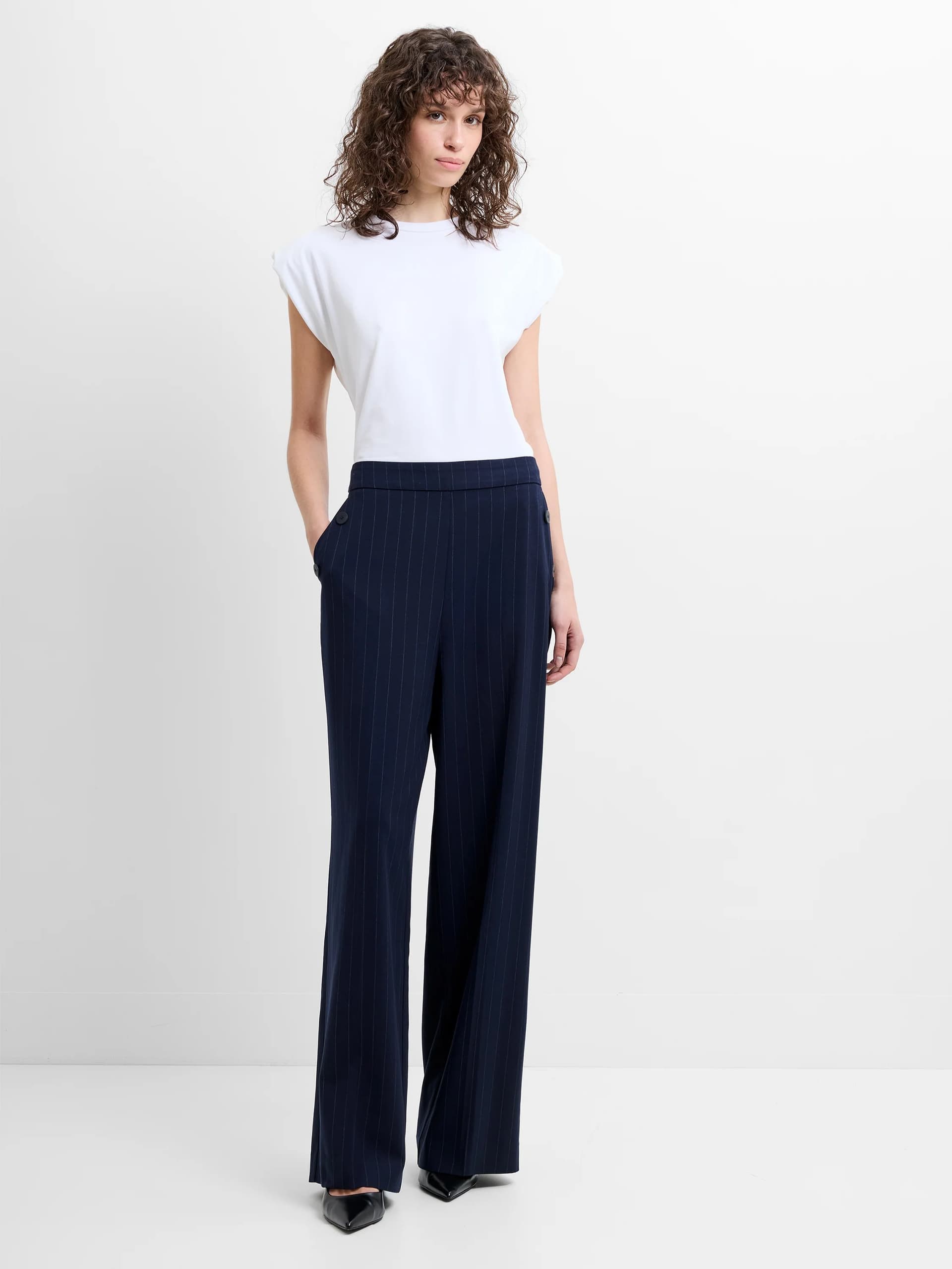 French Connection Alia Pinstripe Button Detail Wide Leg Trousers Navy/Linen White