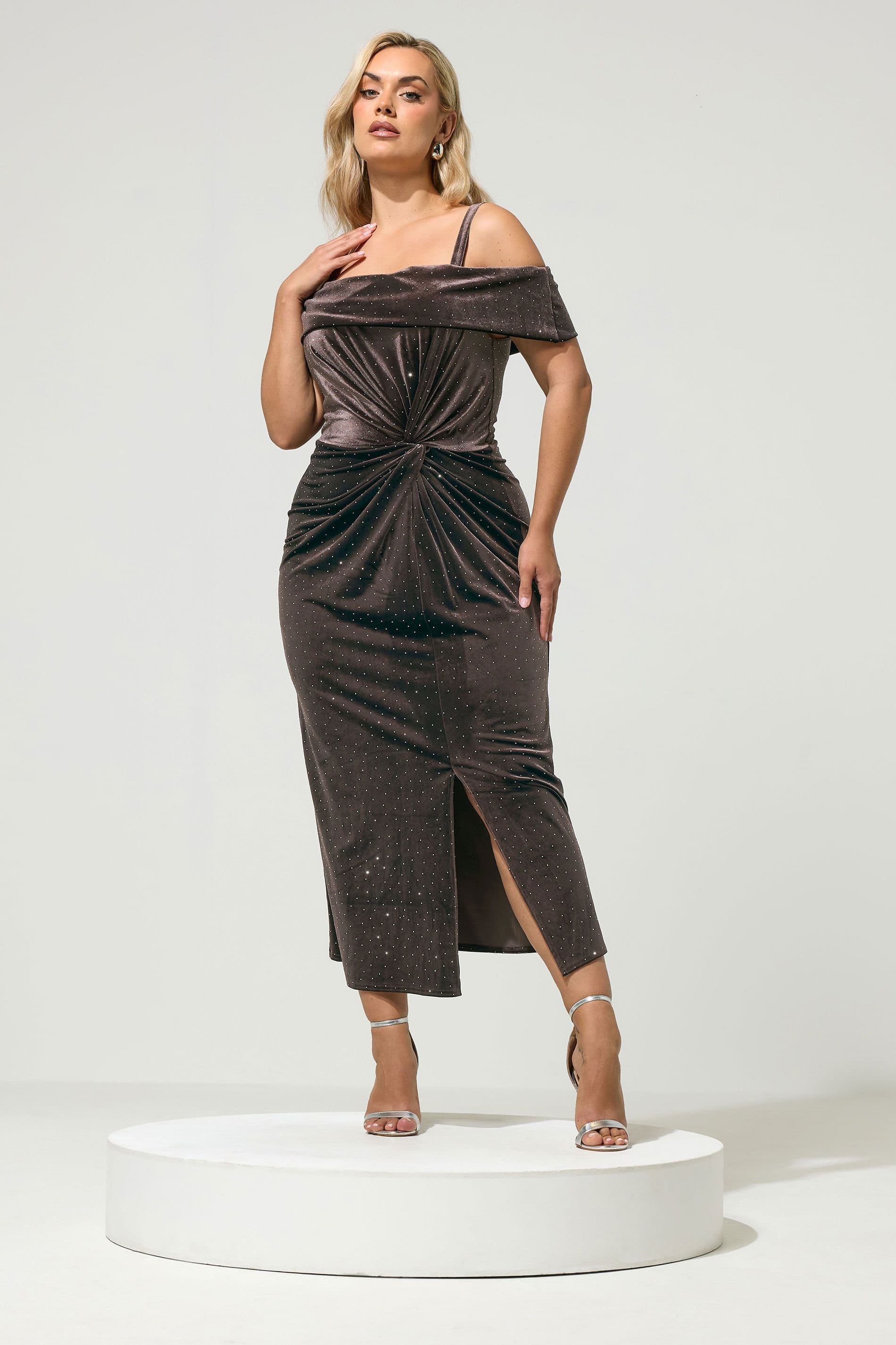 Yours Yours Women's Studded Bardot Dress in Chocolate