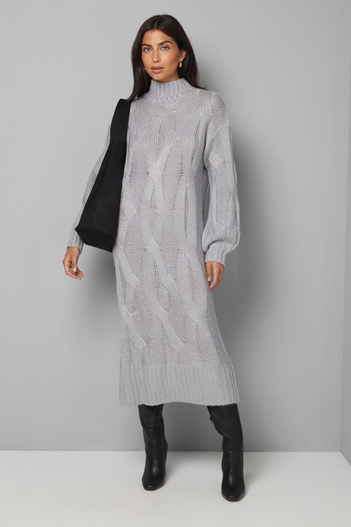 Wallis Wallis Women's Relaxed Chunky Cable Midi Knitted Dress in Grey Marl