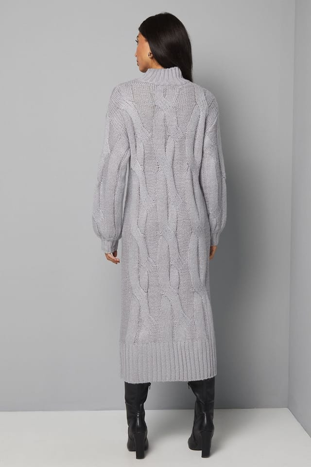 Wallis Wallis Women's Relaxed Chunky Cable Midi Knitted Dress in Grey Marl - 3