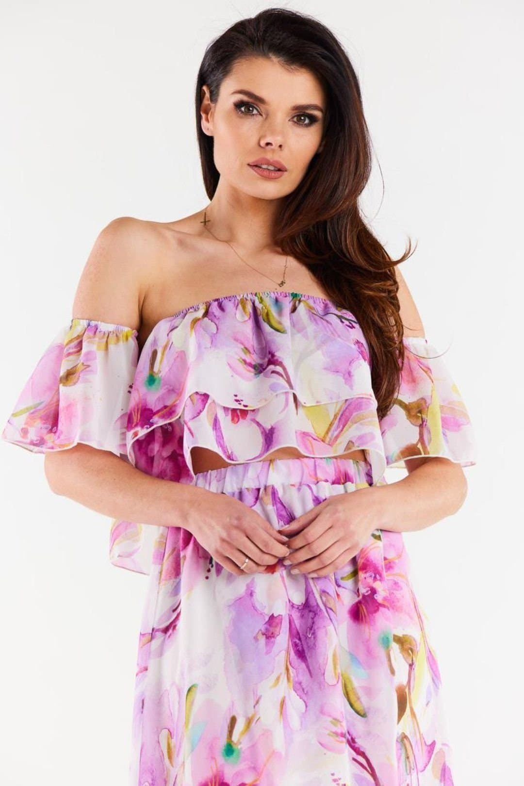 Love Lace Love Lace Women's Short Chiffon Ruffle Blouse with Elastic Neckline in Violet