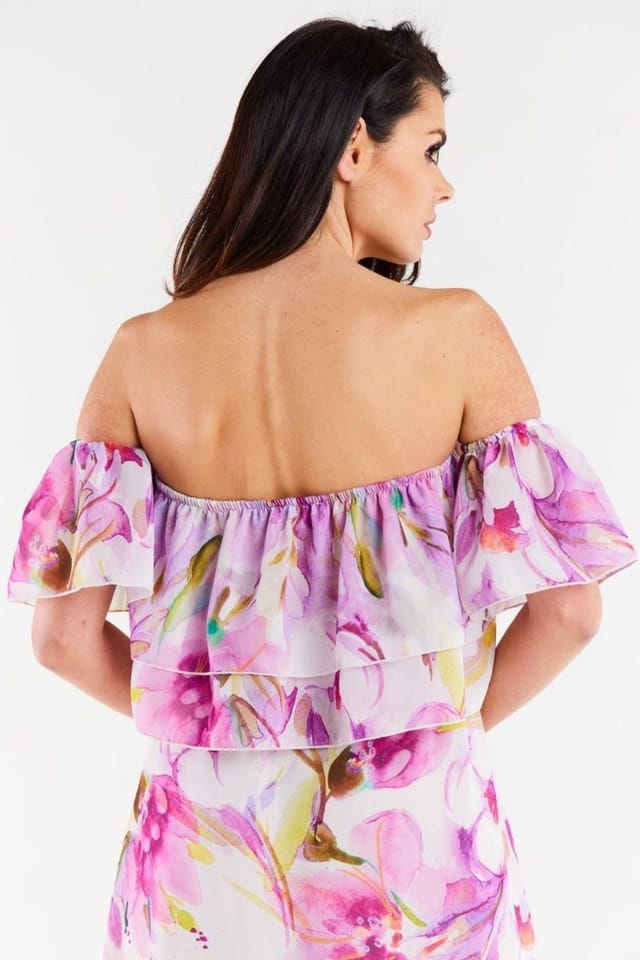 Love Lace Love Lace Women's Short Chiffon Ruffle Blouse with Elastic Neckline in Violet - 3
