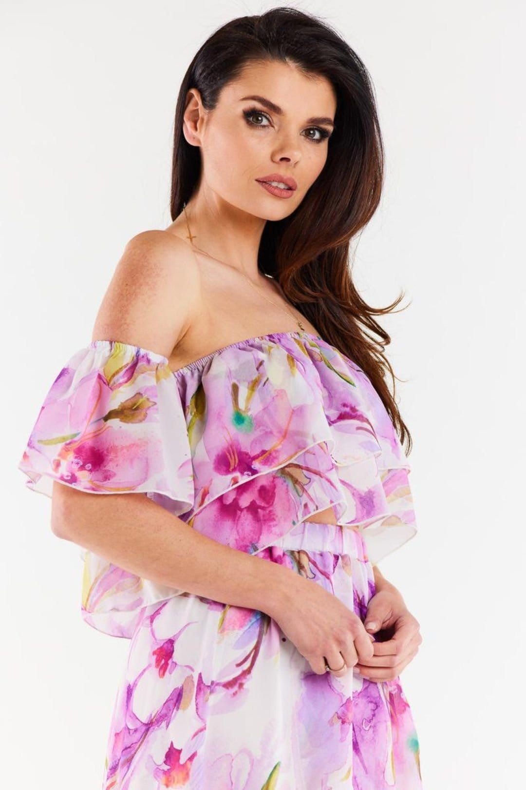 Love Lace Love Lace Women's Short Chiffon Ruffle Blouse with Elastic Neckline in Violet - 4