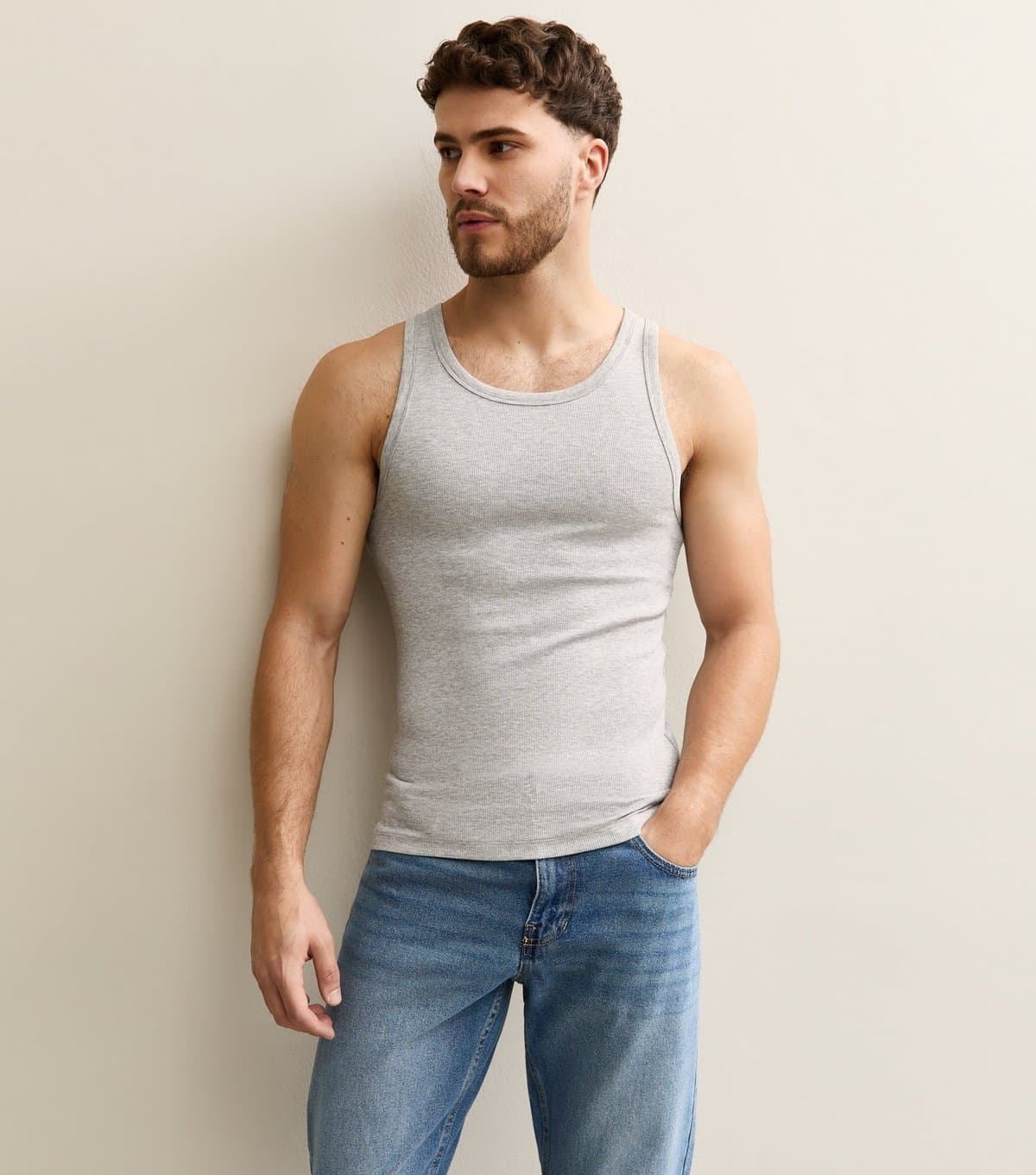 New Look Men's Grey Marl Muscle Fit Ribbed Jersey Vest New Look