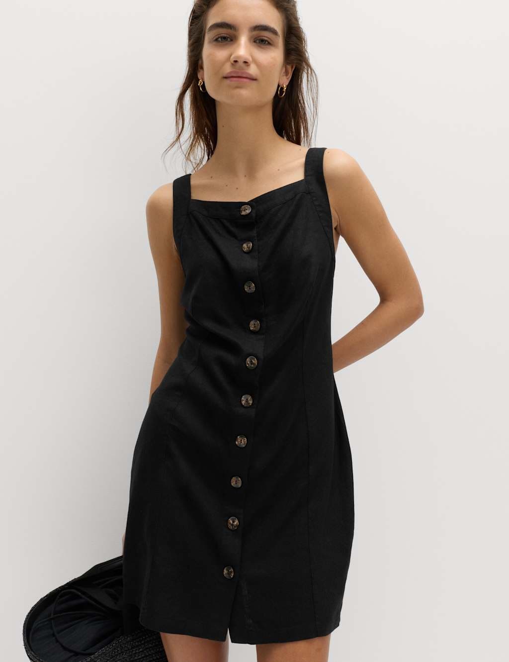 Marks & Spencer M&S Linen Rich Button Through Mini Shift Dress Black