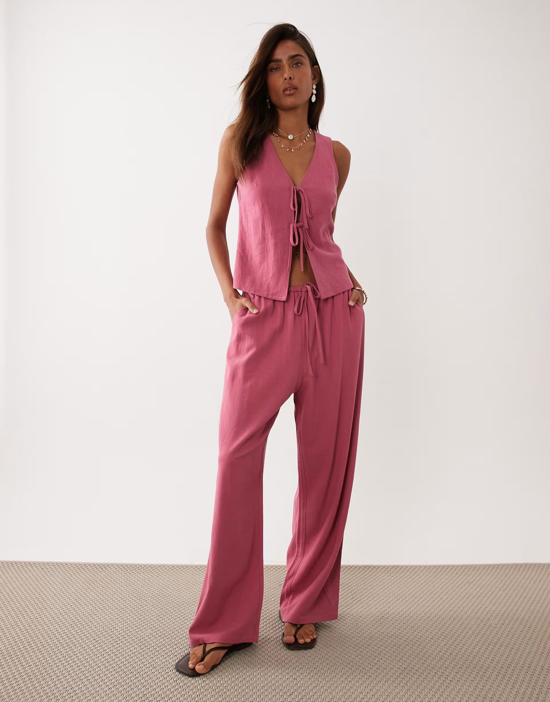 ASOS Miss Selfridge linen look pull on trouser in raspberry