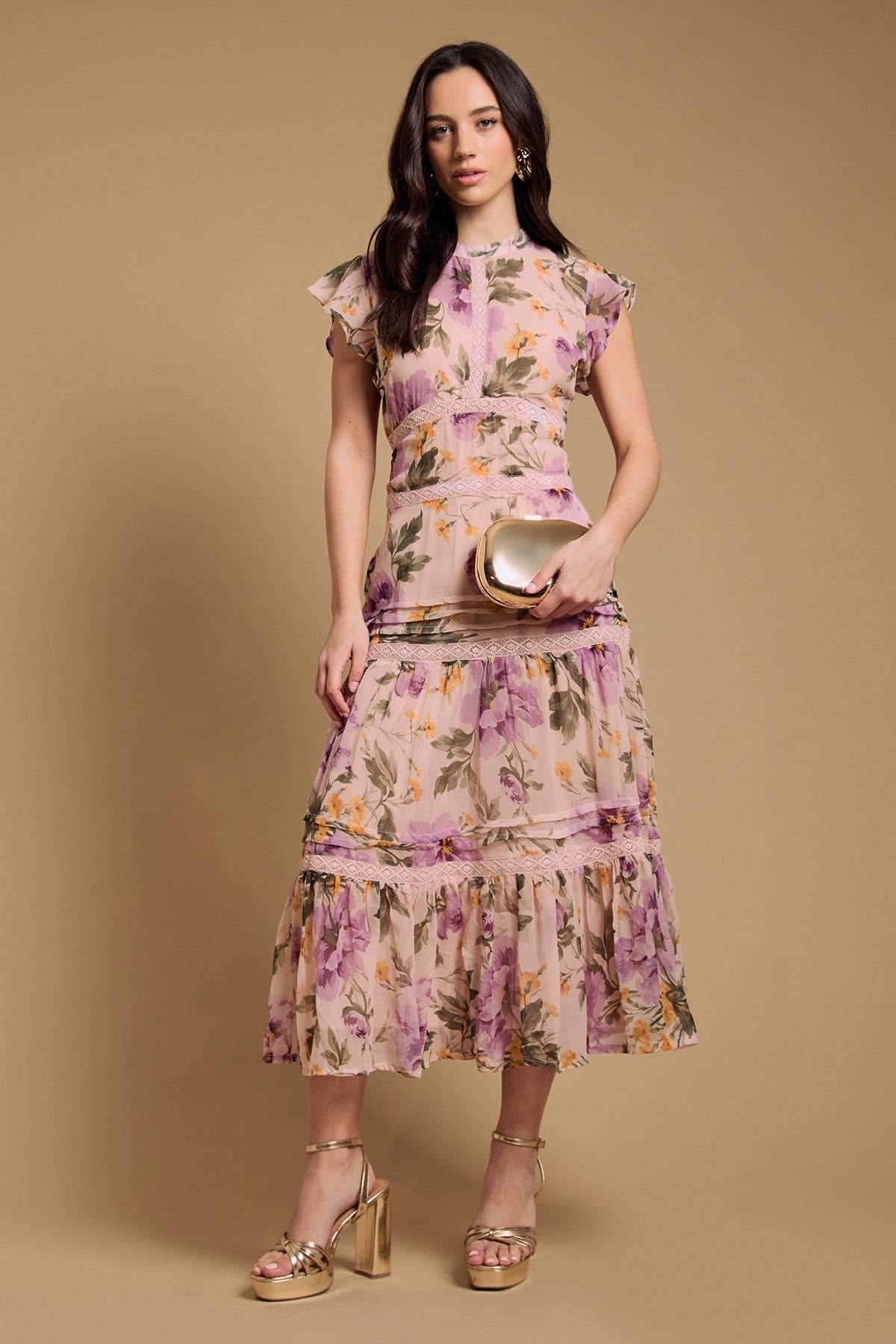 Oasis Oasis Women's FLORAL PRINTED CHIFFON LACE INSERT DRESS
