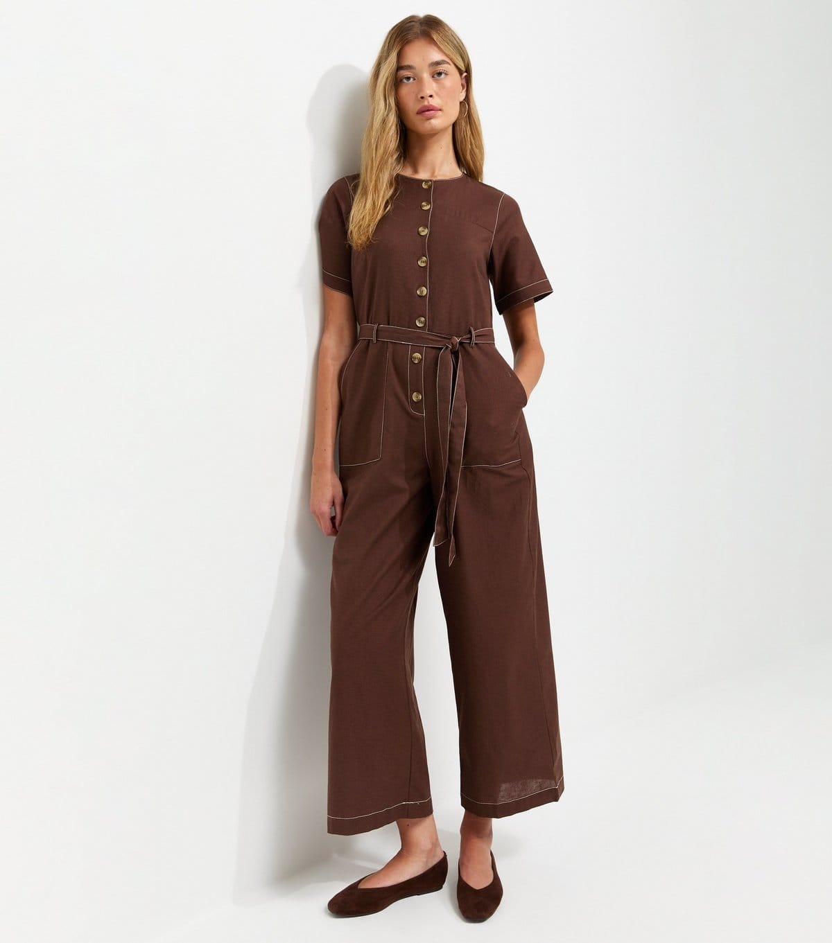 New Look Women's Tall Dark Brown Contrast Stitch Button Jumpsuit New Look - 1
