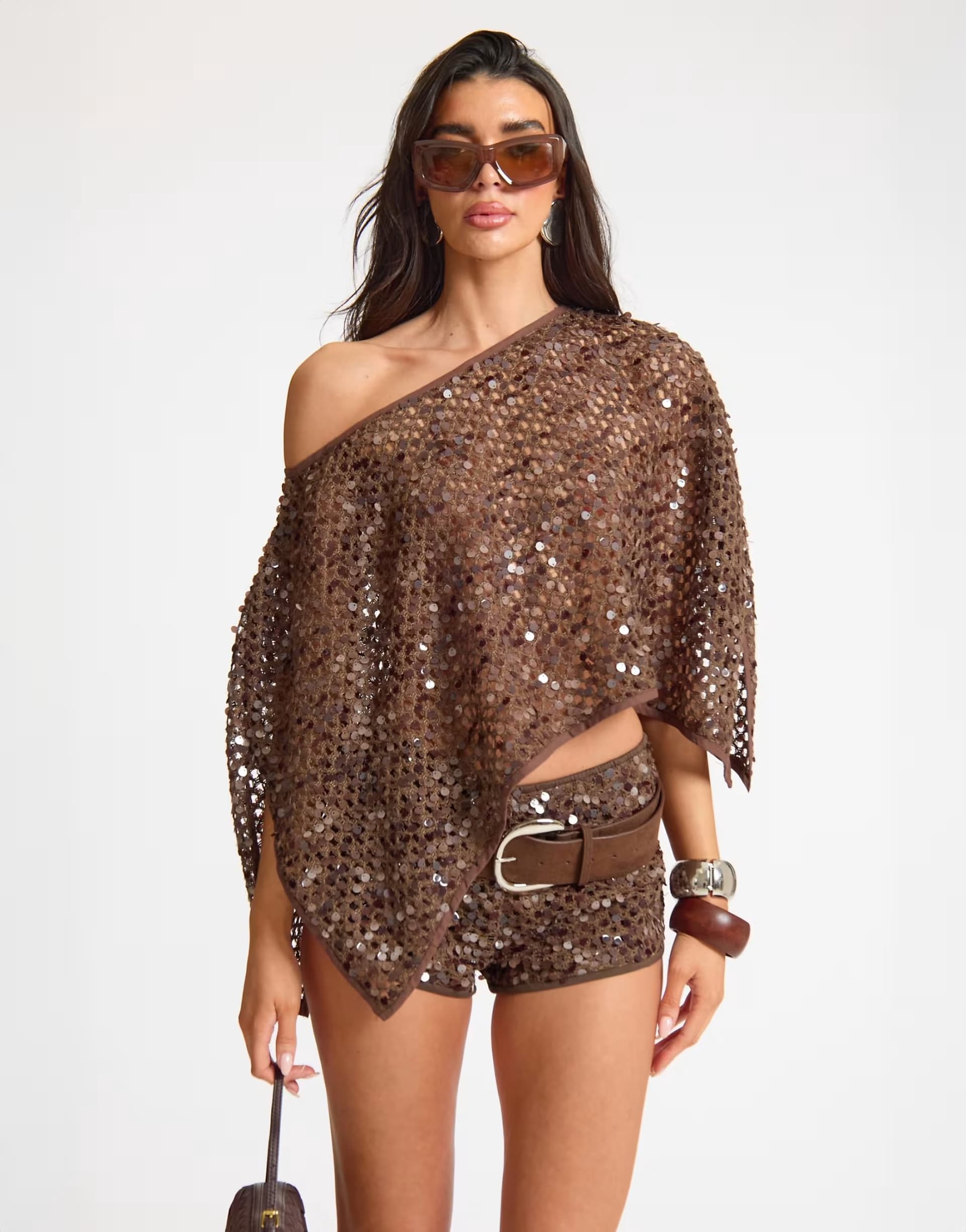 ASOS Missyempire Sequin floaty cape top in chocolate