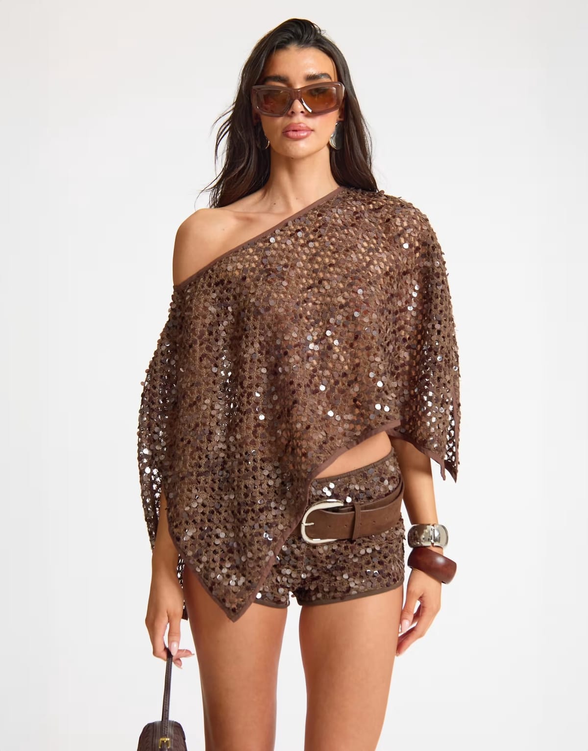 ASOS Missyempire Sequin floaty cape top in chocolate - 1