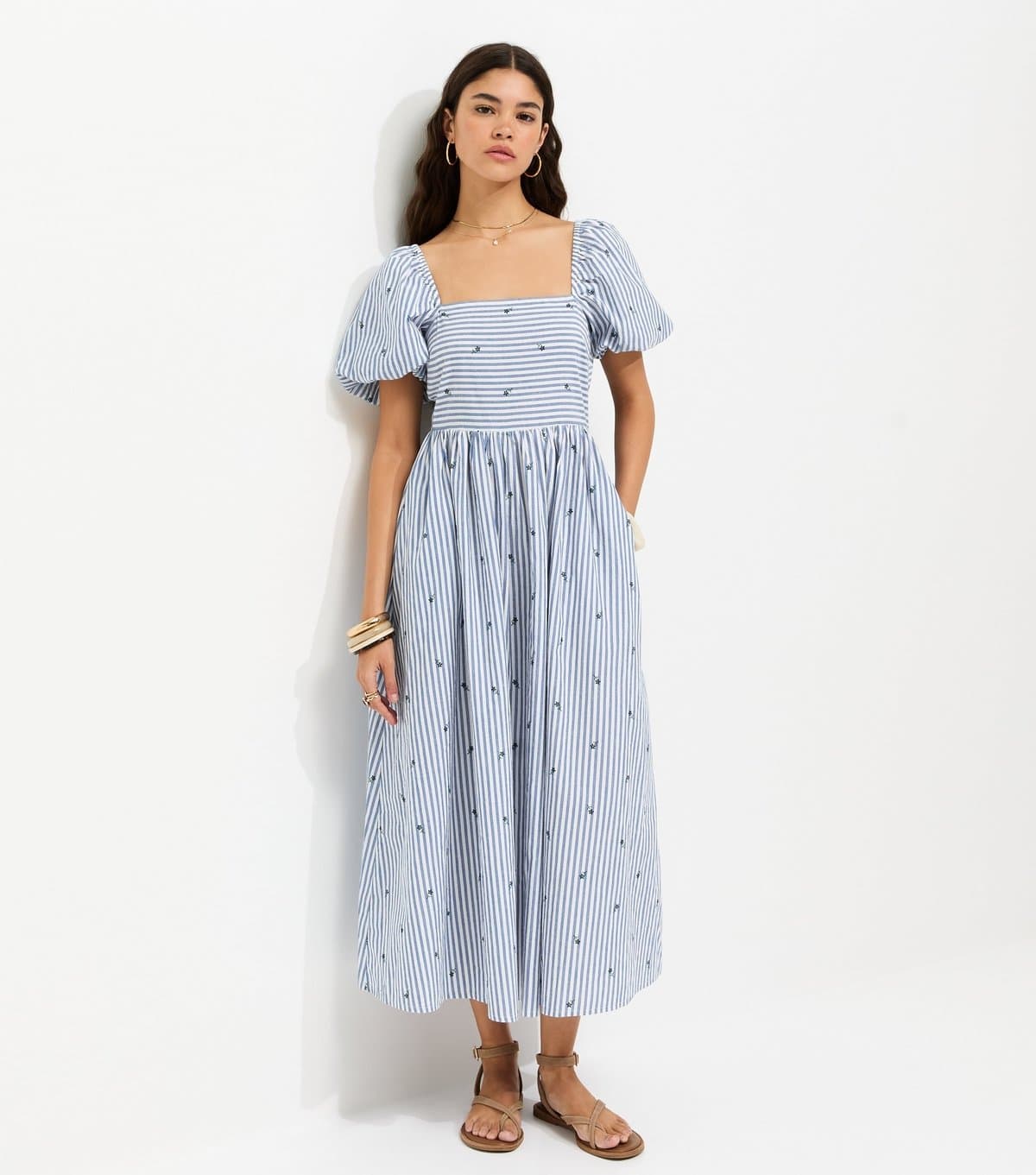 New Look Women's Blue Cotton Striped Floral Milkmaid Midi Dress New Look