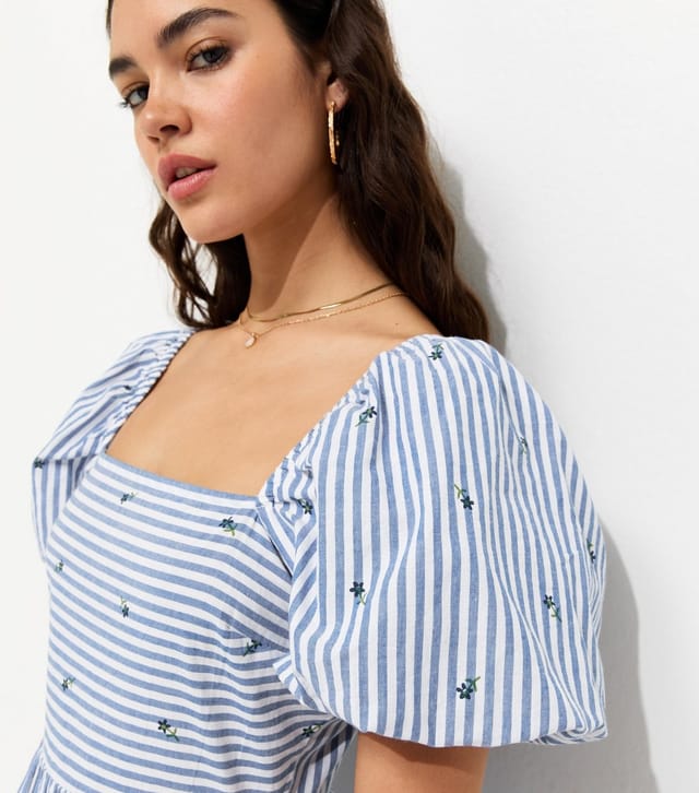 New Look Women's Blue Cotton Striped Floral Milkmaid Midi Dress New Look - 2