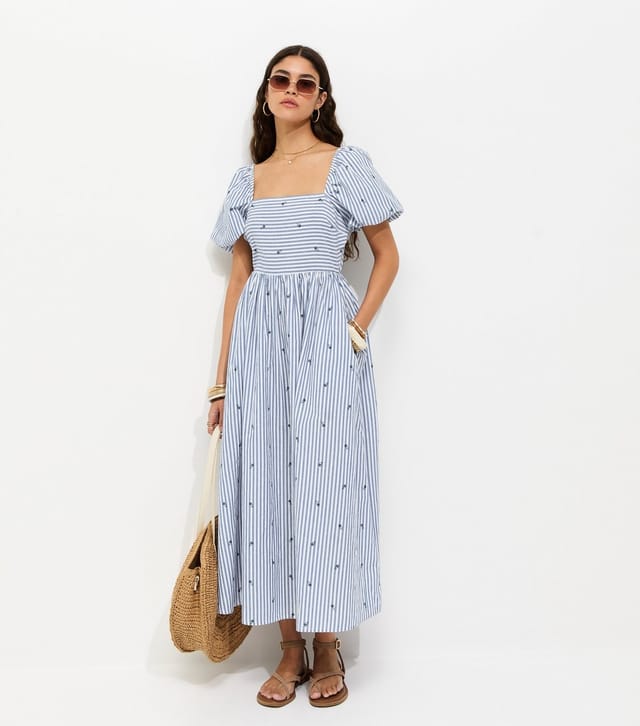New Look Women's Blue Cotton Striped Floral Milkmaid Midi Dress New Look - 3