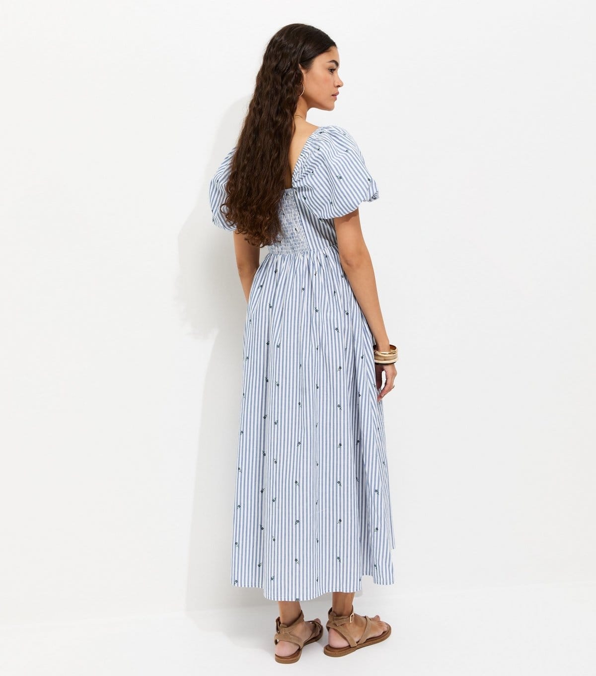 New Look Women's Blue Cotton Striped Floral Milkmaid Midi Dress New Look - 4