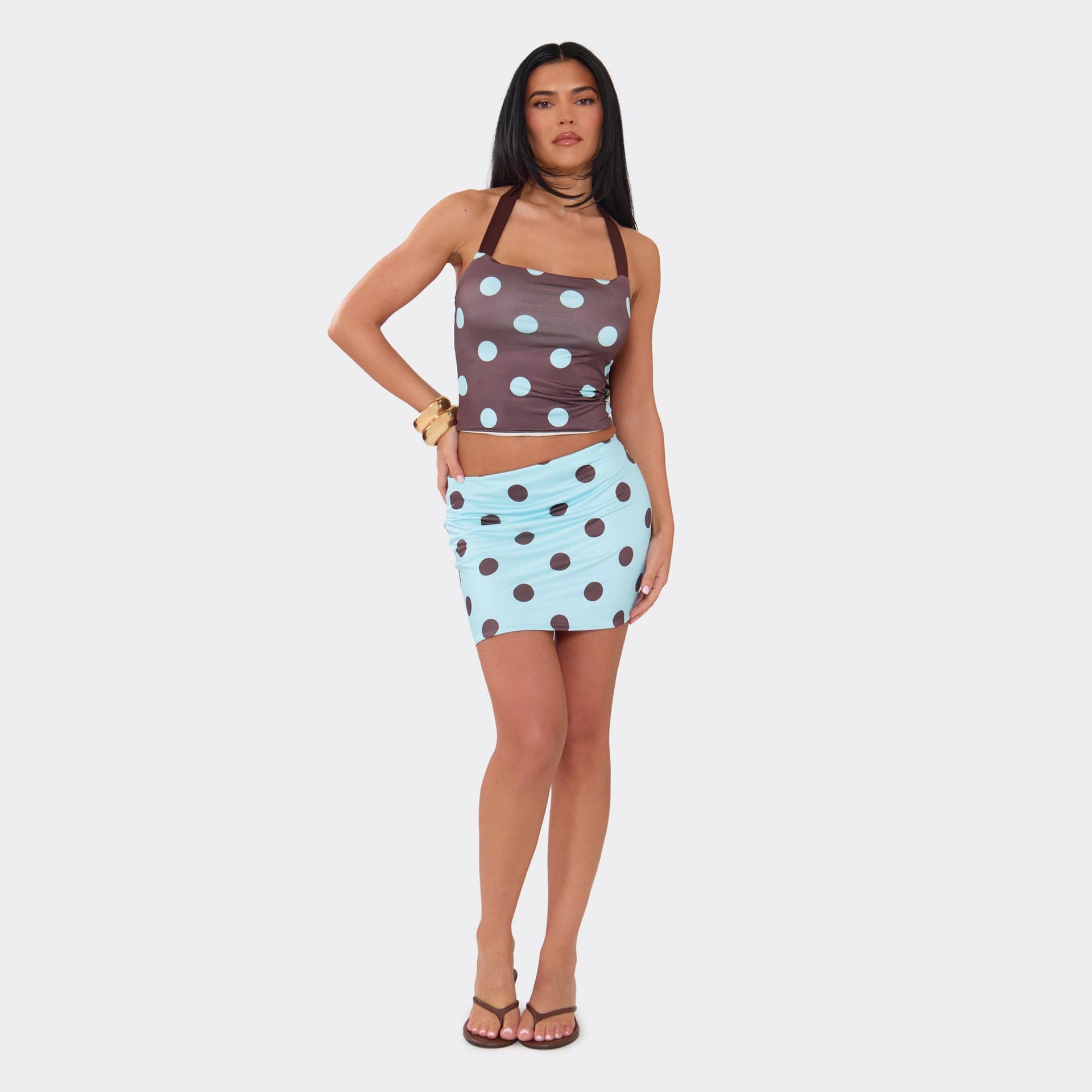 EGO Mid Rise Mini Skirt In Blue Polka Dot Slinky, Women's Size UK 6