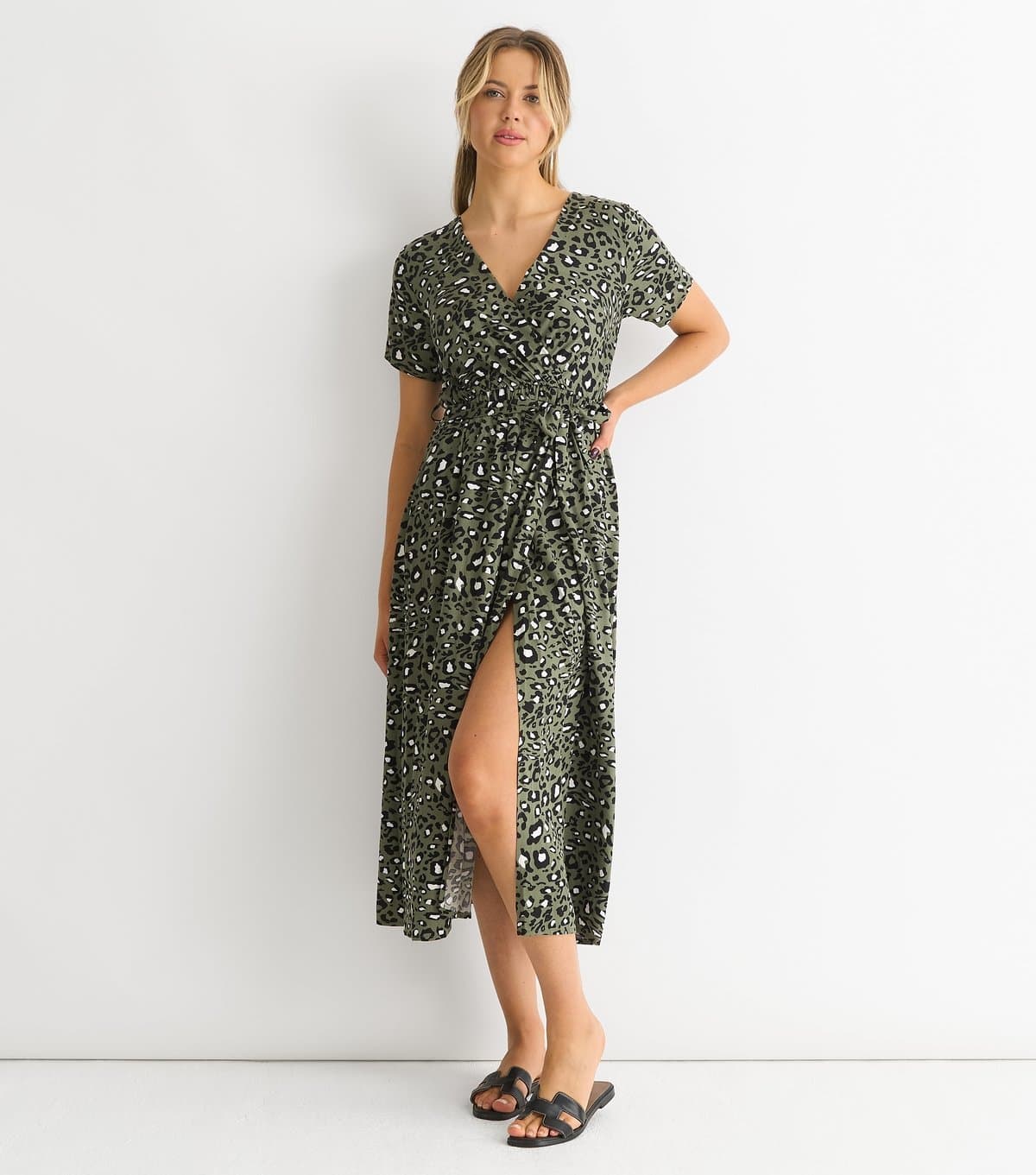 Gini London Women's Khaki Animal Print Wrap Style Midi Dress Gini London New Look