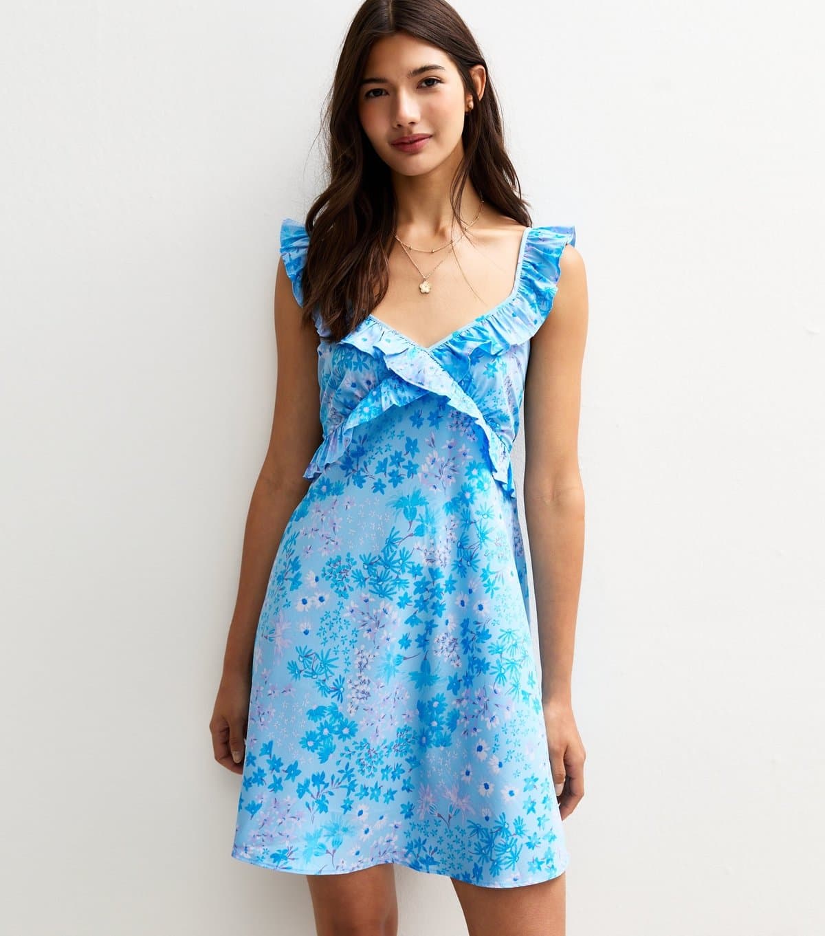 New Look Women's Blue Floral Print Ruffle Front Mini Dress New Look