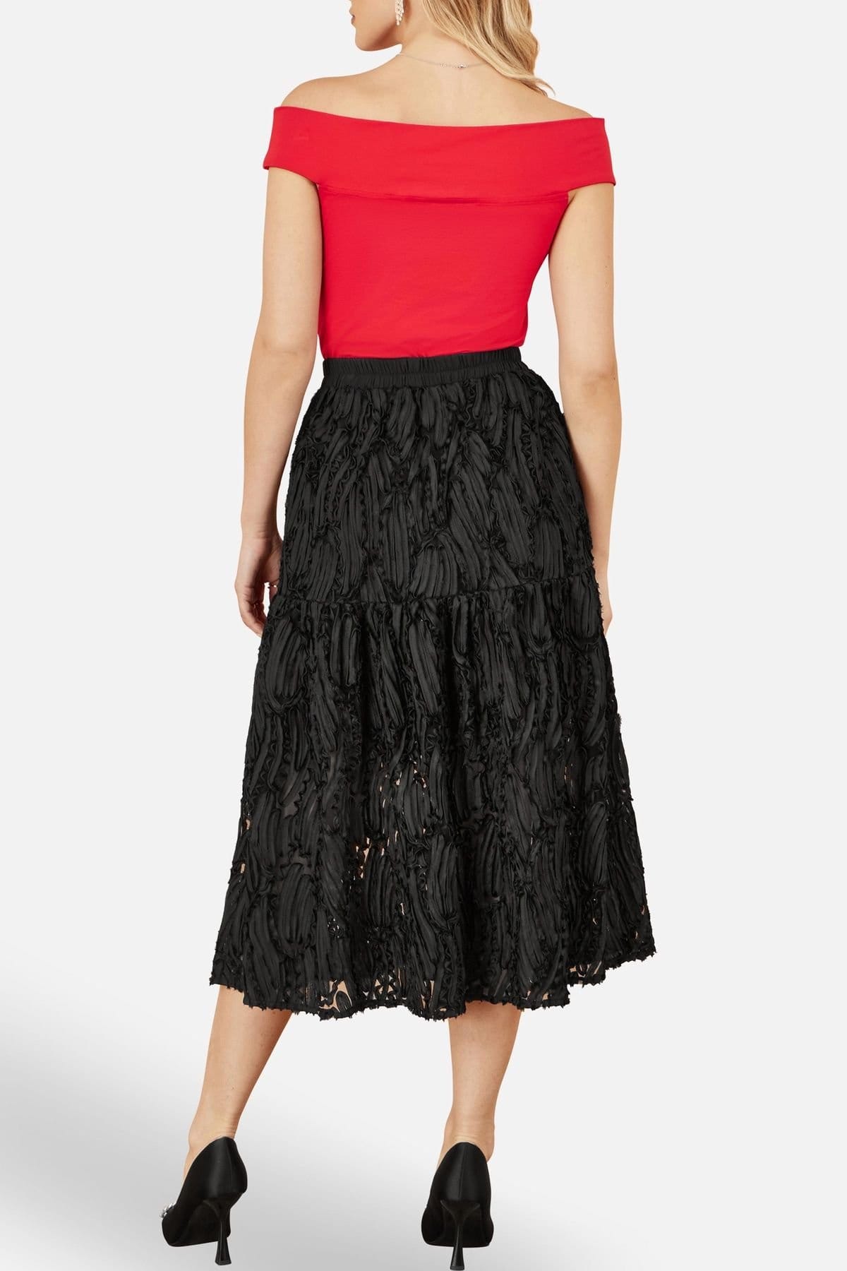 Yumi Yumi Women's Black Mesh Applique Sequin Midi Skirt - 4