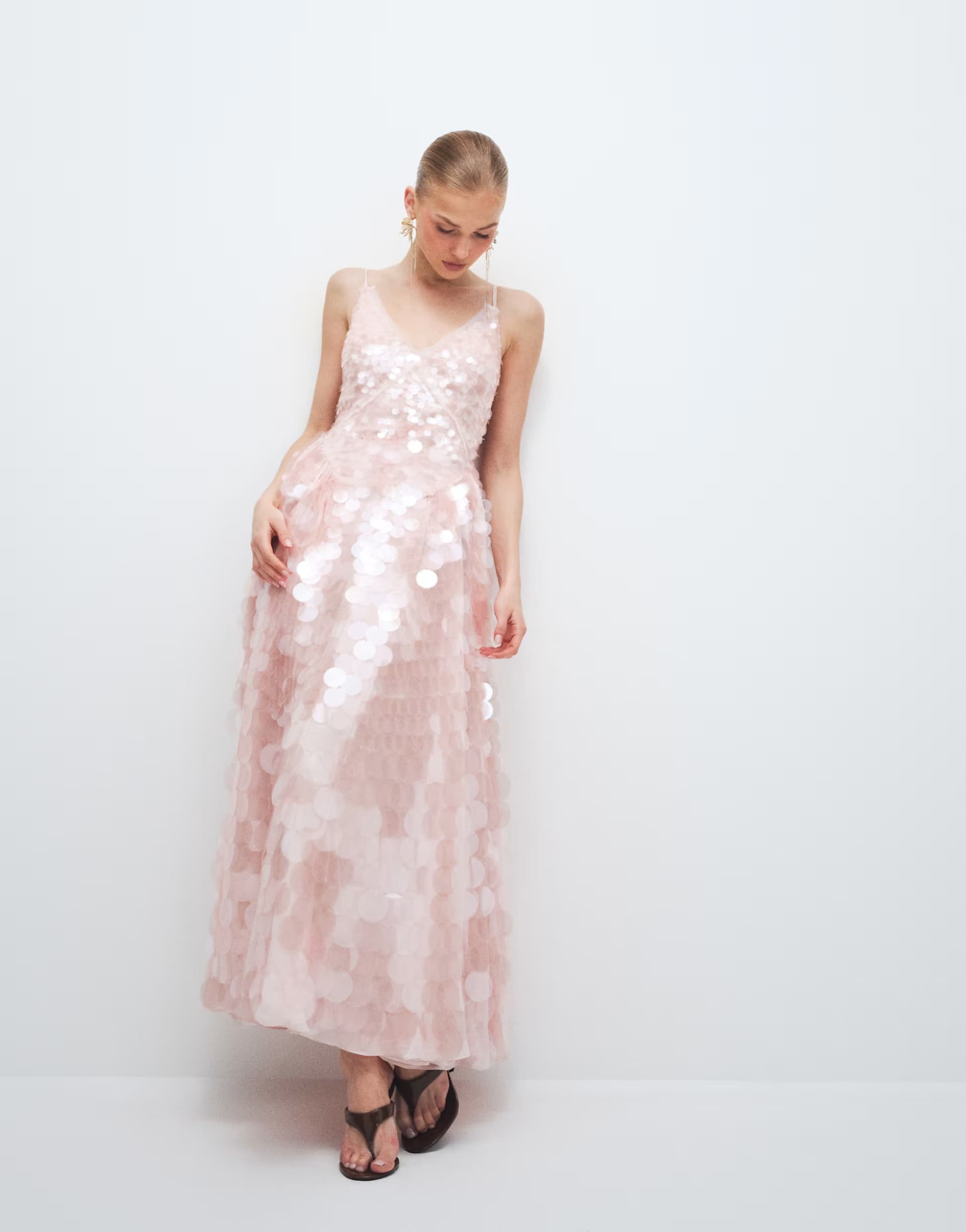 ASOS ARRANGE embellished sequin cami midi dress with full skirt in soft pink