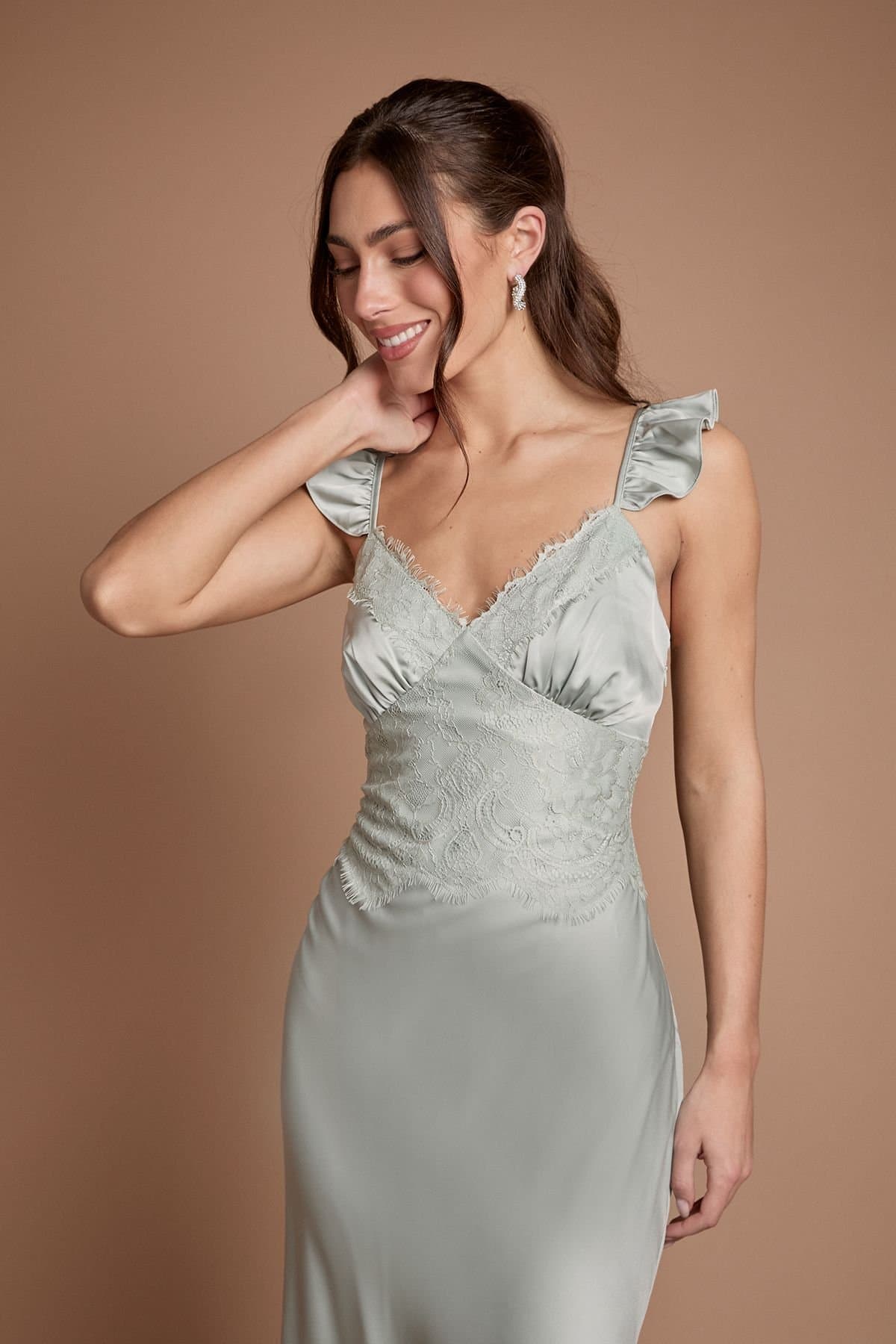 Coast Coast Women's Lace Trim Cami Button Bridesmaid Maxi Dress in Sage