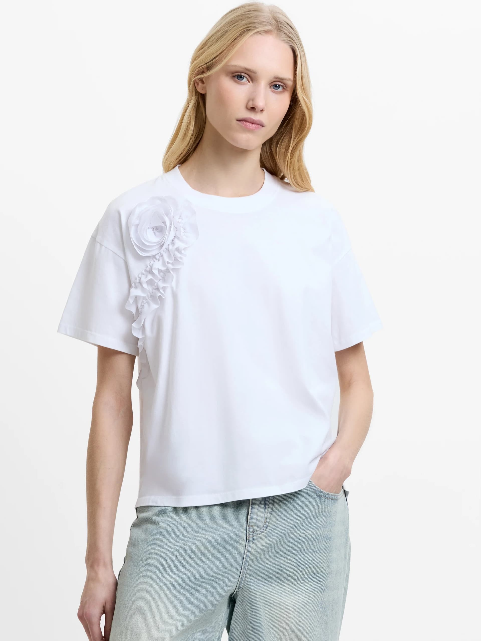 French Connection Cotton Crepe Mix Ruffle T-Shirt Linen White