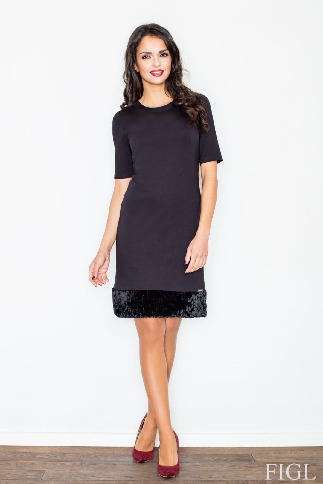 Love Lace Love Lace Women's Elegant Stretch Pencil Dress with Faux Fur Hem in Black