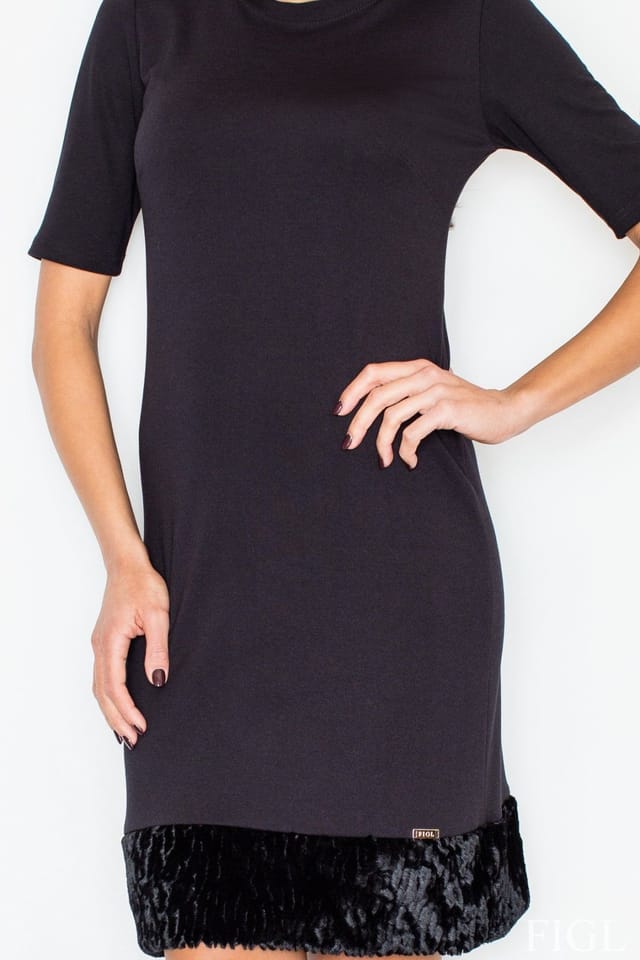 Love Lace Love Lace Women's Elegant Stretch Pencil Dress with Faux Fur Hem in Black - 2