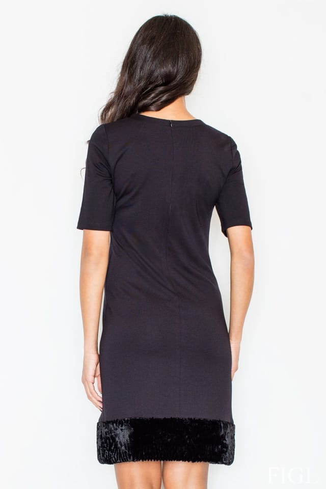 Love Lace Love Lace Women's Elegant Stretch Pencil Dress with Faux Fur Hem in Black - 3