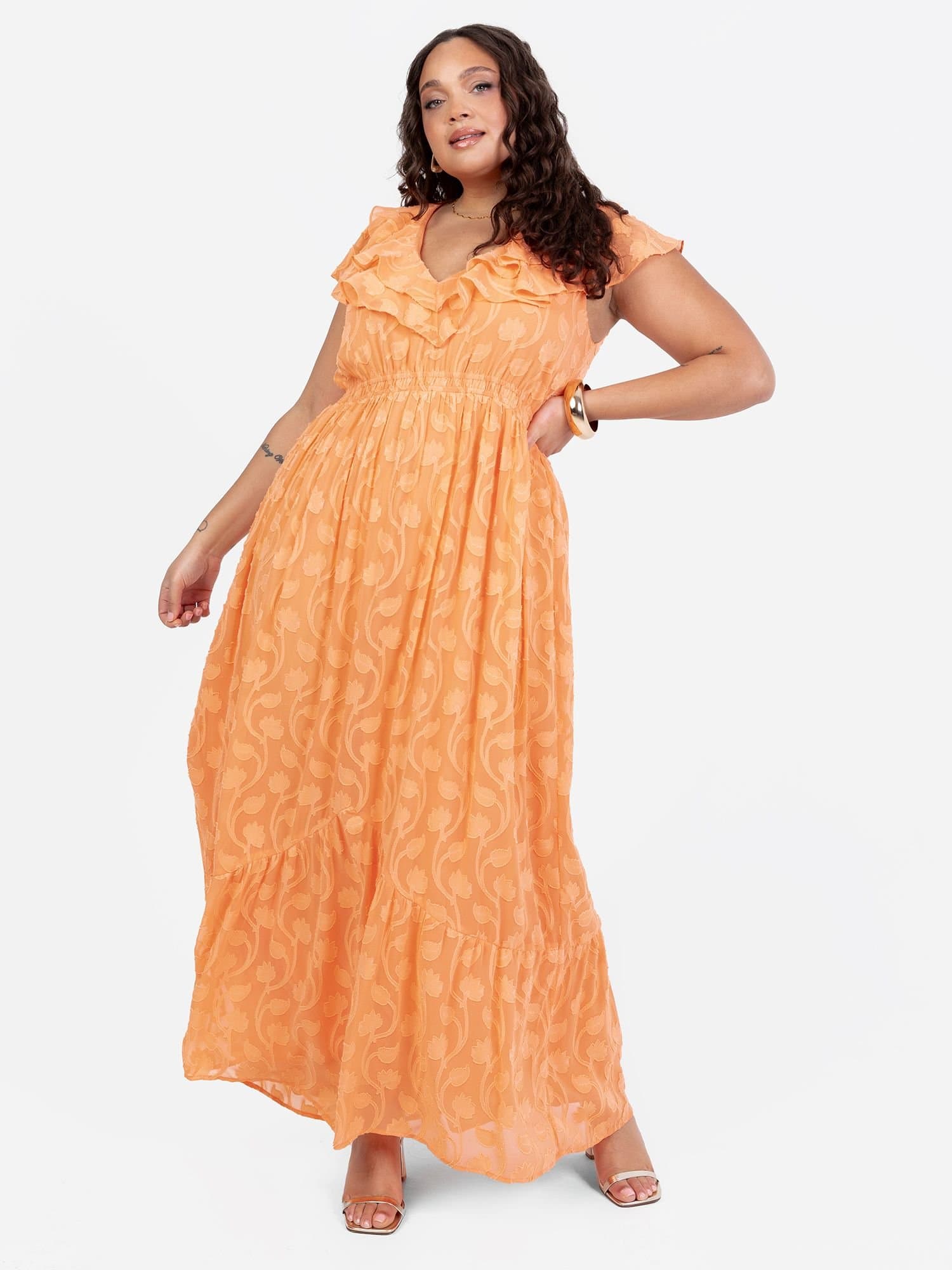 Lovedrobe Lovedrobe Women's Ruffle V Neck Floral Burn Out Maxi Dress in Orange