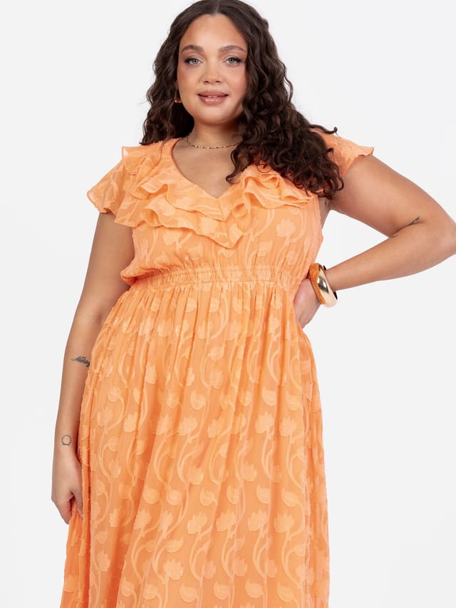 Lovedrobe Lovedrobe Women's Ruffle V Neck Floral Burn Out Maxi Dress in Orange - 2