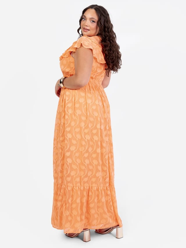 Lovedrobe Lovedrobe Women's Ruffle V Neck Floral Burn Out Maxi Dress in Orange - 3
