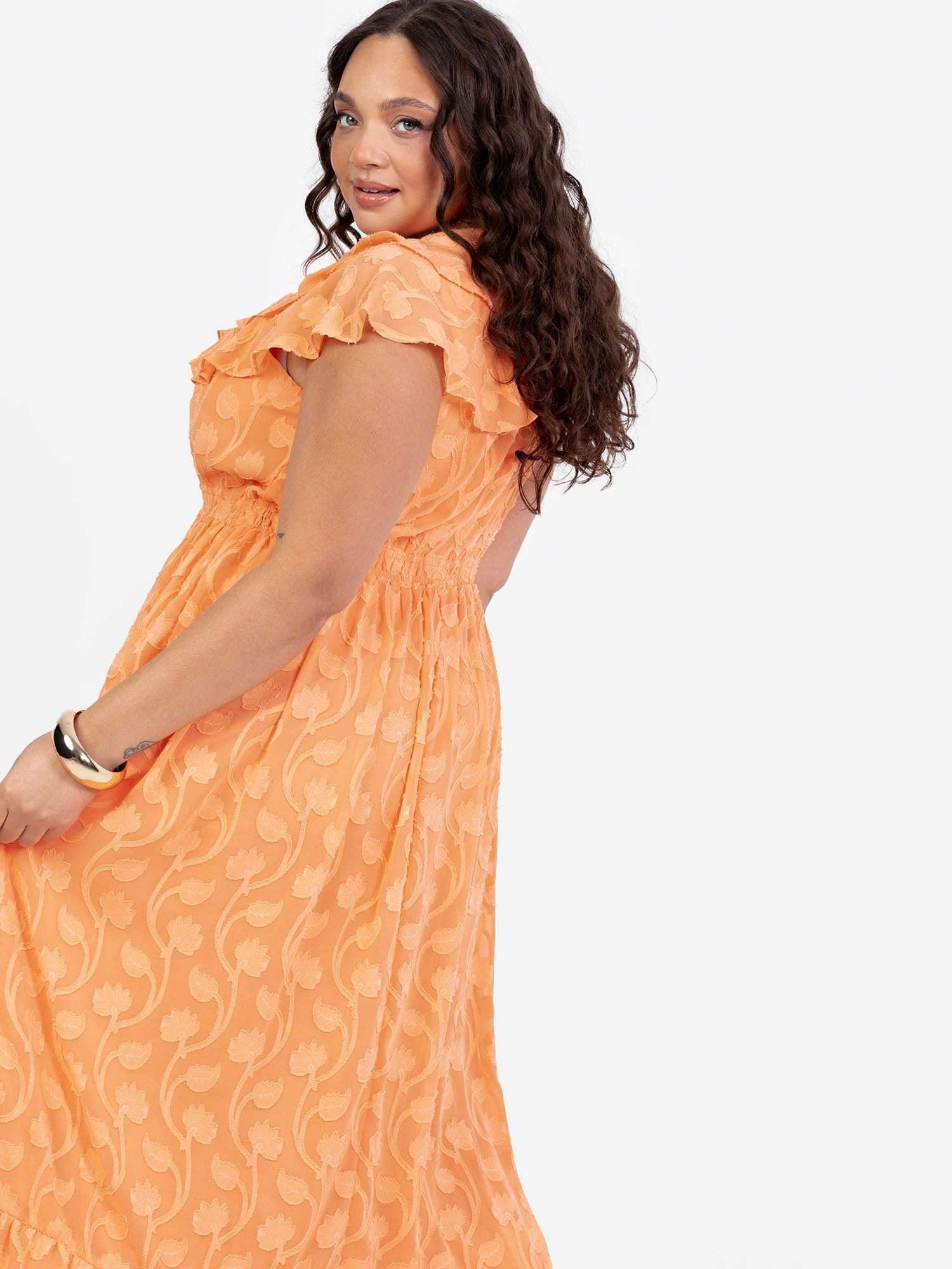 Lovedrobe Lovedrobe Women's Ruffle V Neck Floral Burn Out Maxi Dress in Orange - 4