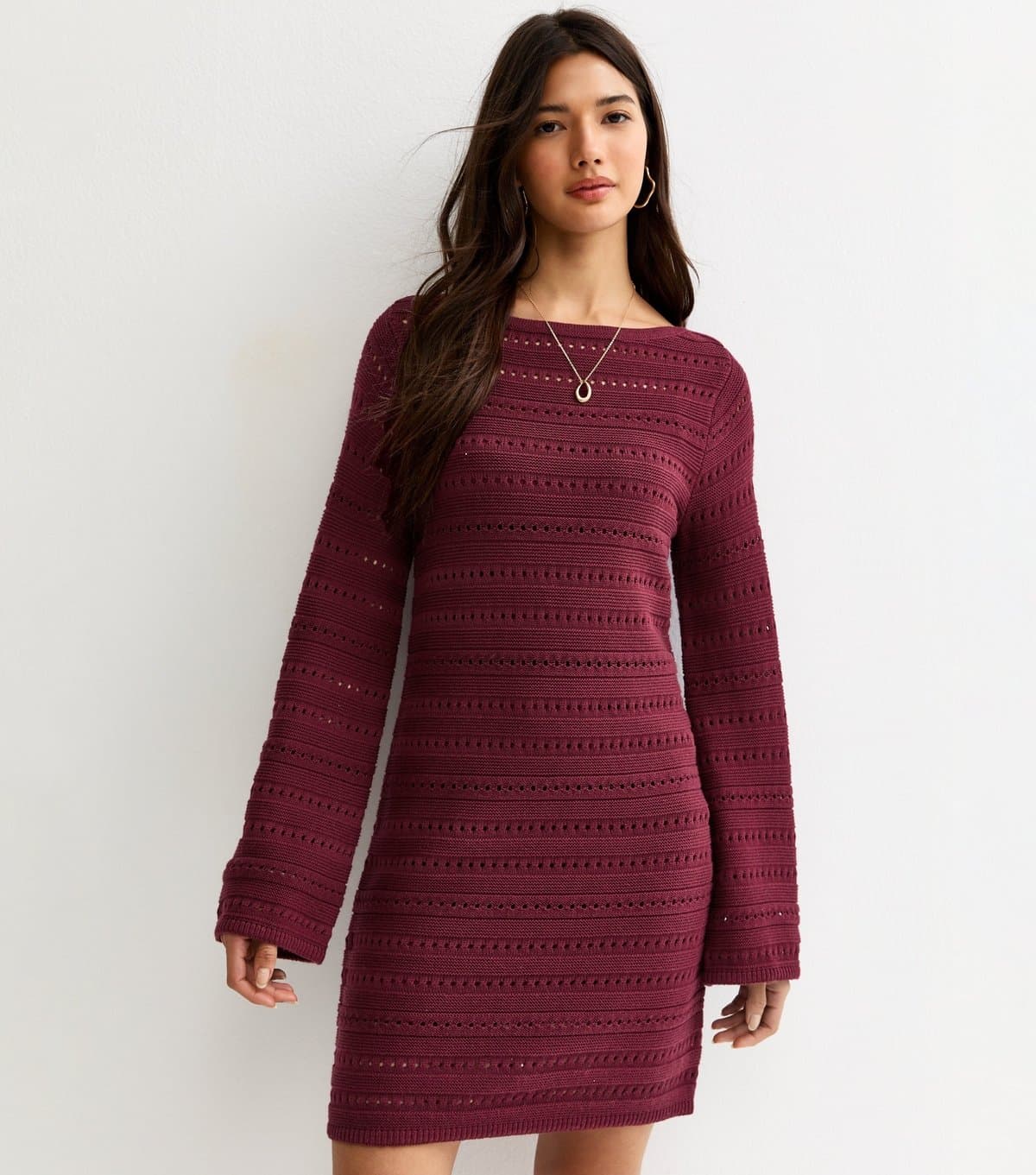 New Look Women's Dark Purple Cotton Rich Pointelle Slash Neck Mini Dress New Look