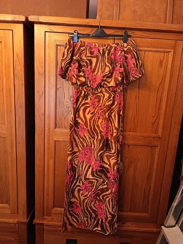 ASOS Design Pink & Brown Floral Off-Shoulder Dress