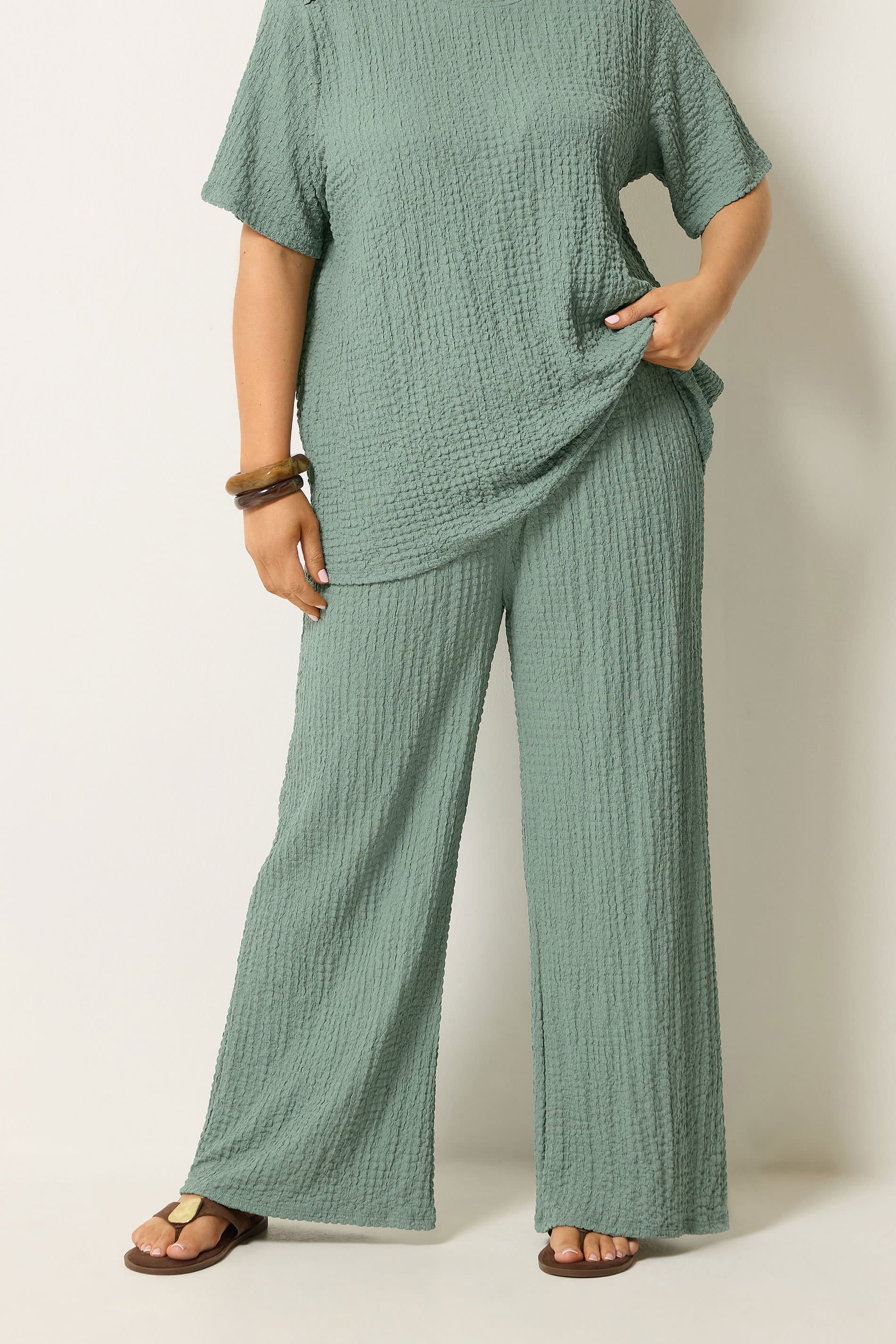 Yours Plus Size Sage Green Bubble Textured Trousers