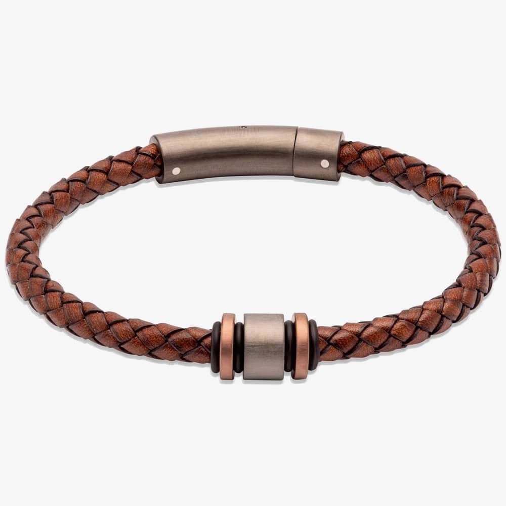 Unique Unique Men's Antique Dark Brown Braided Leather & Gunmetal Steel Clasp 21cm Bracelet B457ADB/21CM