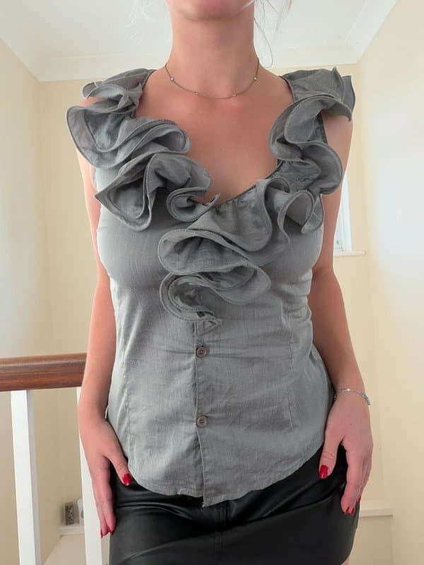 Rinascimento Rinascimento Made in Italy Grey Ruffle Sleeveless Blouse Top Size M Romantic Y2K